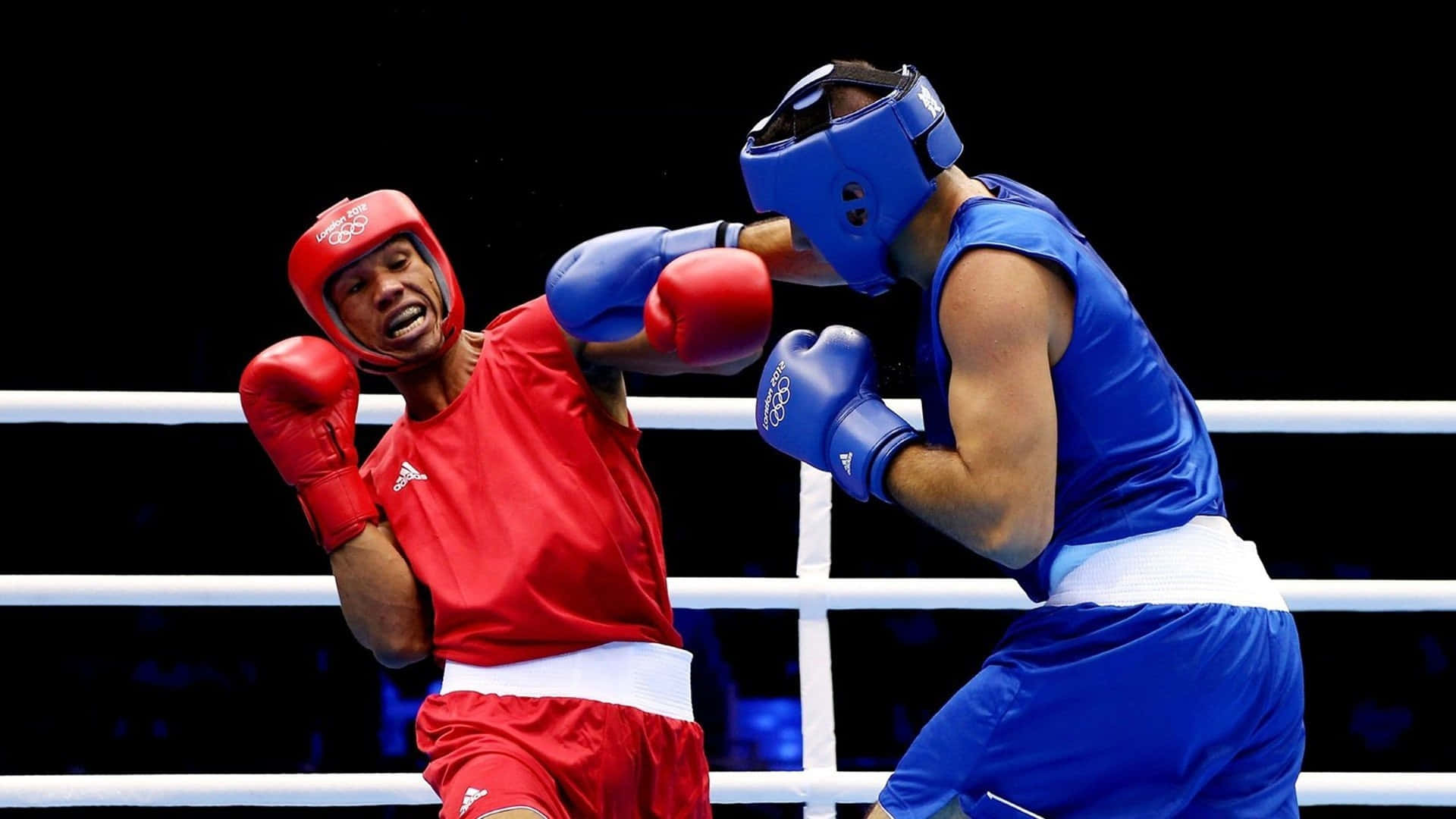 Boxing 桌布 壁紙 — 兩名身穿紅色和藍色裝備的拳擊手在燈光明亮、帶有白色繩索的拳擊台上激烈交鋒。