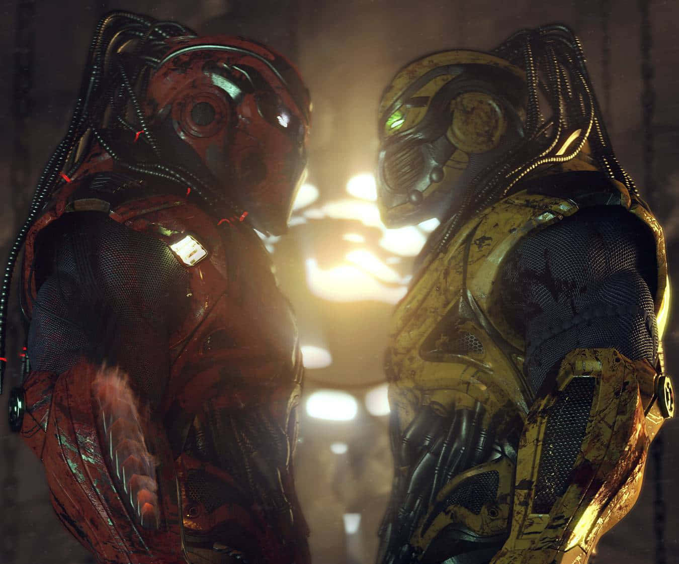 Mortal Kombat Cyrax 桌布 壁紙 — 兩名身穿紅色和金色戰甲的戰士在昏暗的工業環境中對峙，身後有發光的燈光。