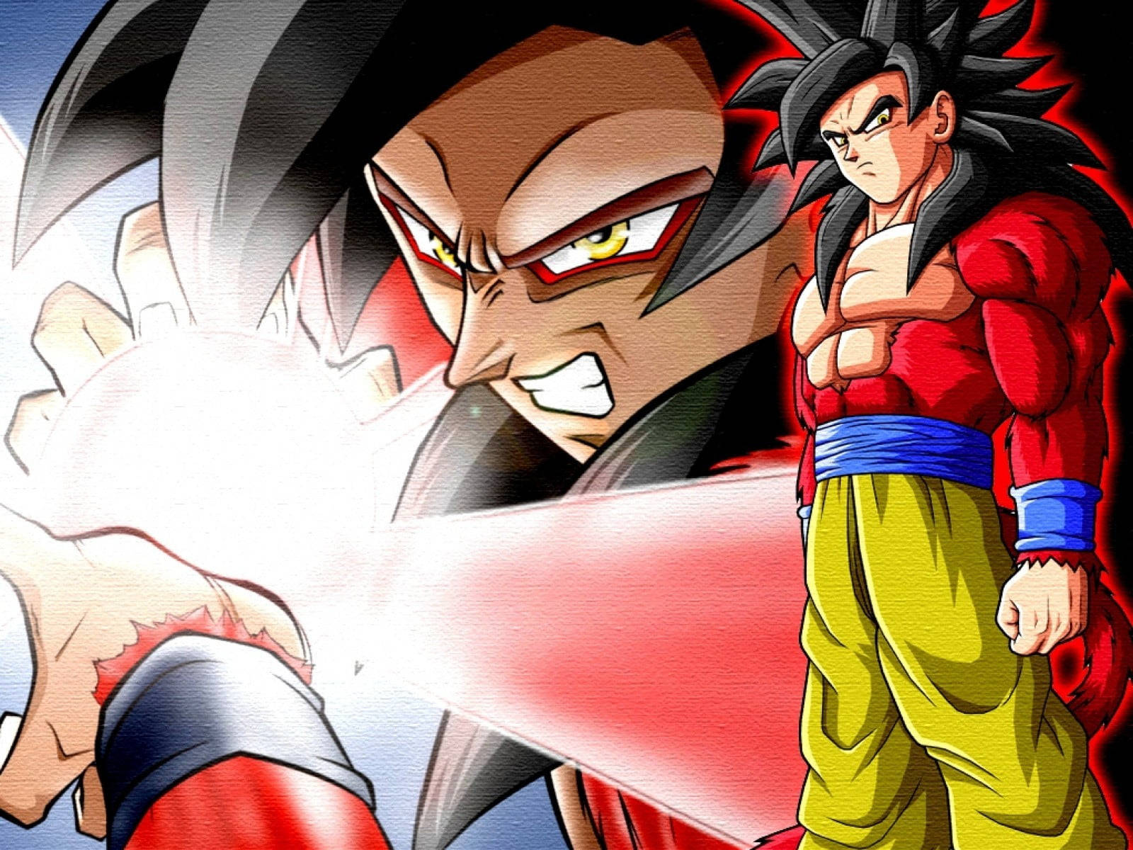 Ssj4 Goku 桌布 壁紙 — 兩名身穿紅色和黃色戰鬥裝備的動漫戰士，帶著兇猛的表情釋放出強大的能量爆炸。