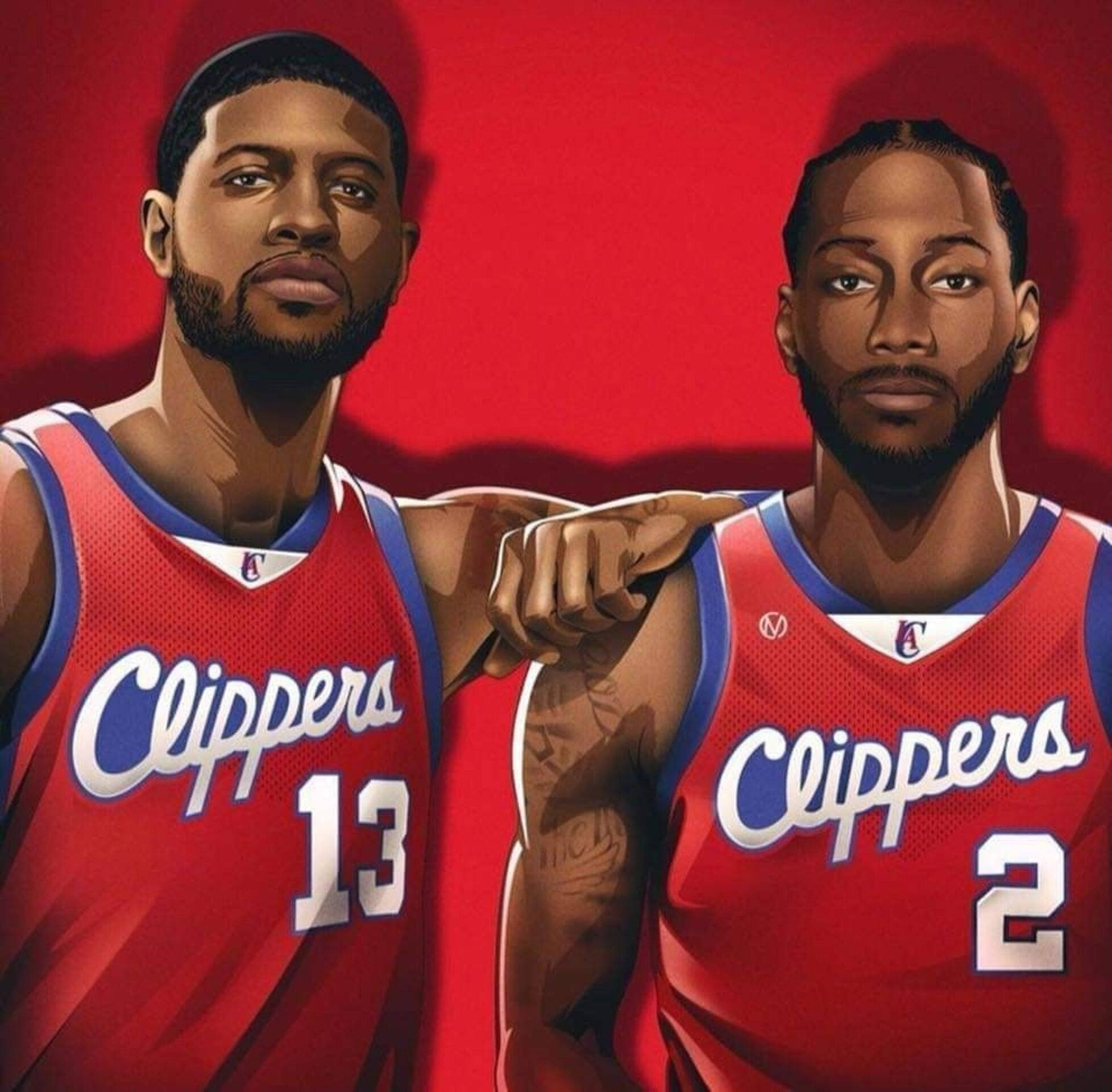 Kawhi 桌布 壁紙 — 兩名身穿紅色快艇隊球衣的籃球運動員在純紅色背景前自信地擺姿勢。