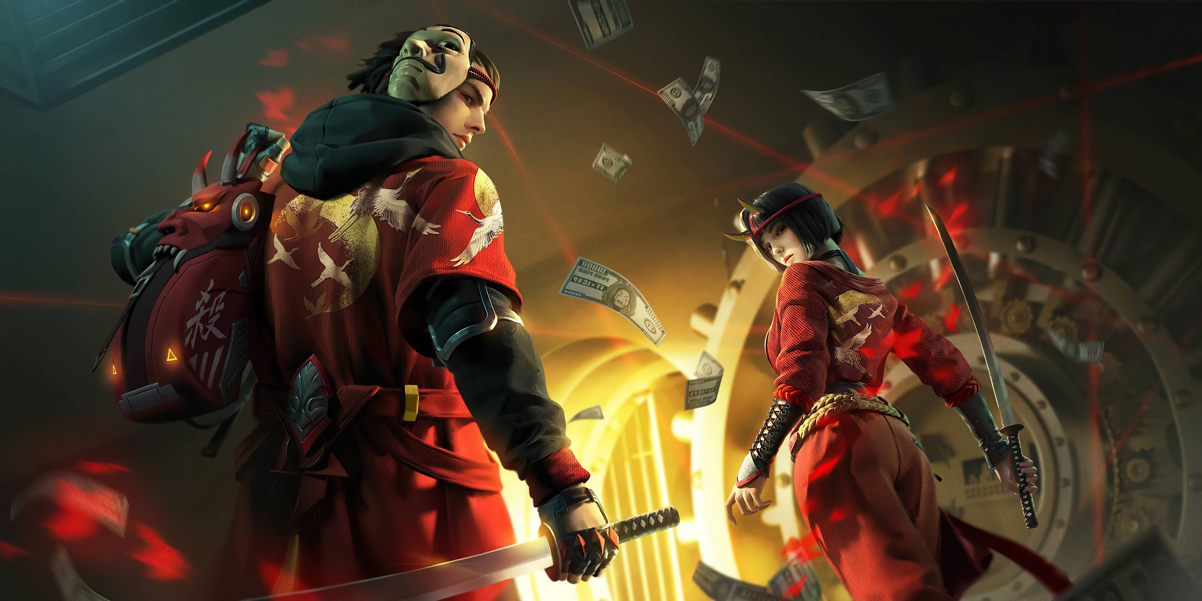 遊戲 桌布 壁紙 — 兩名身穿紅色服裝的武士在金庫中用劍交鋒，金錢在熾熱的紅光下在空中飛舞。