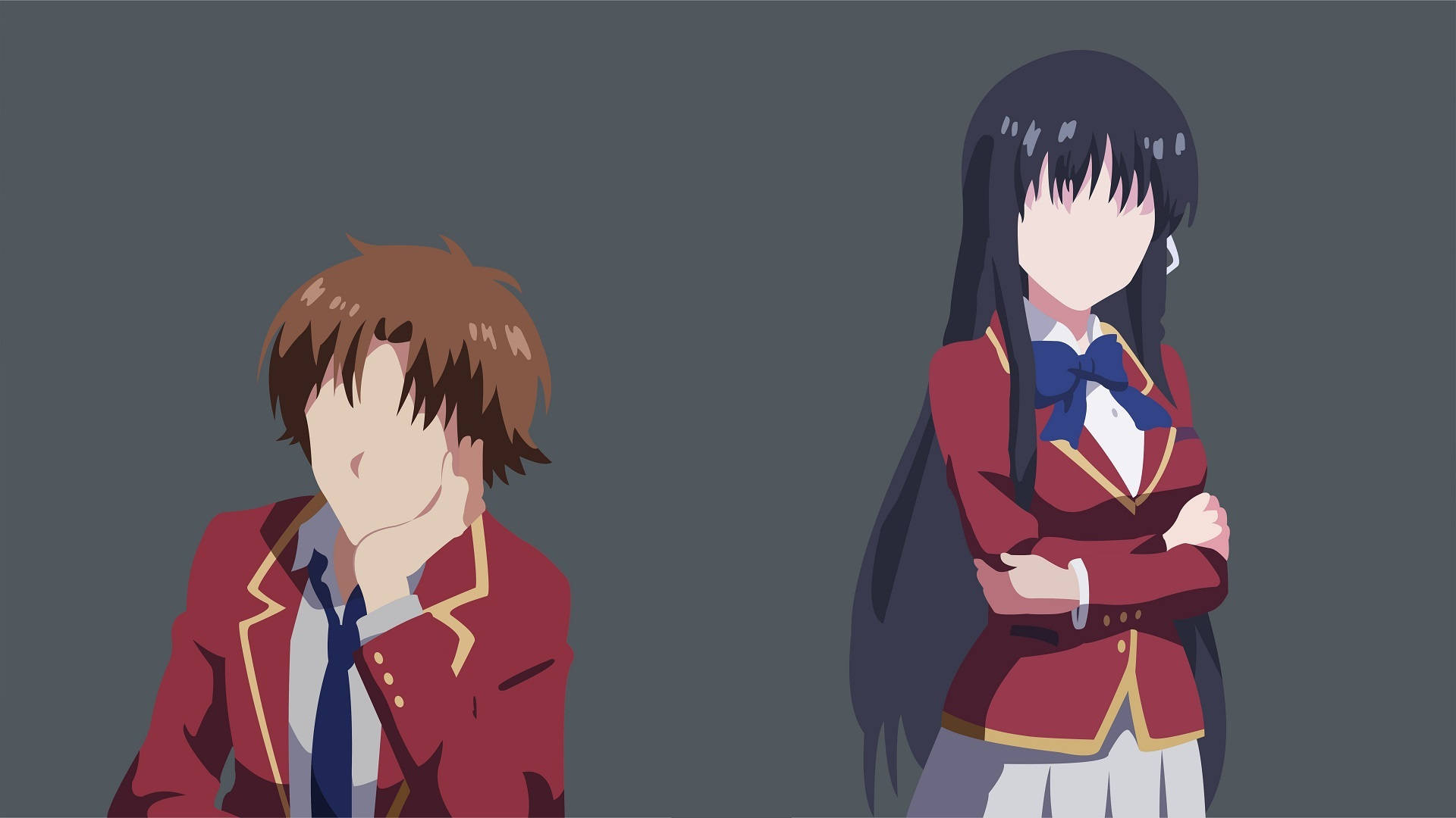 kiyotaka ayanokoji 桌布 壁紙 — 兩名身穿紅色校服的動漫學生站在純灰色背景前，一人雙臂交叉，另一人將手放在臉頰上。