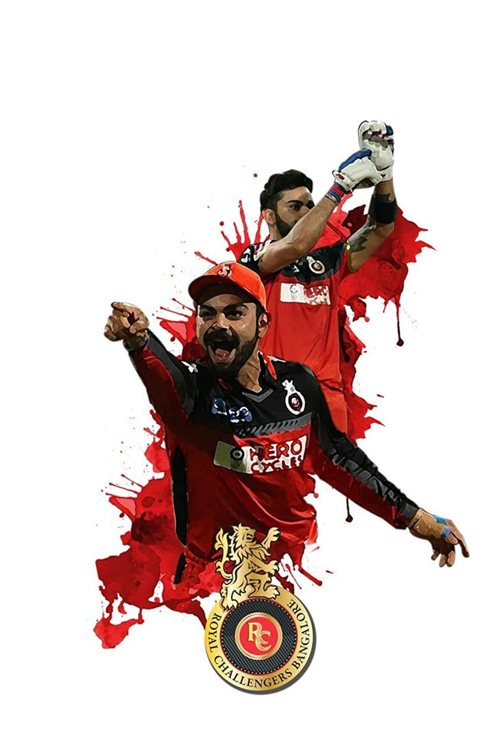 royal challengers bangalore 桌布 壁紙 — 兩名身穿紅色球衣的板球運動員在紅色油漆飛濺和下方球隊標誌下勝利慶祝。