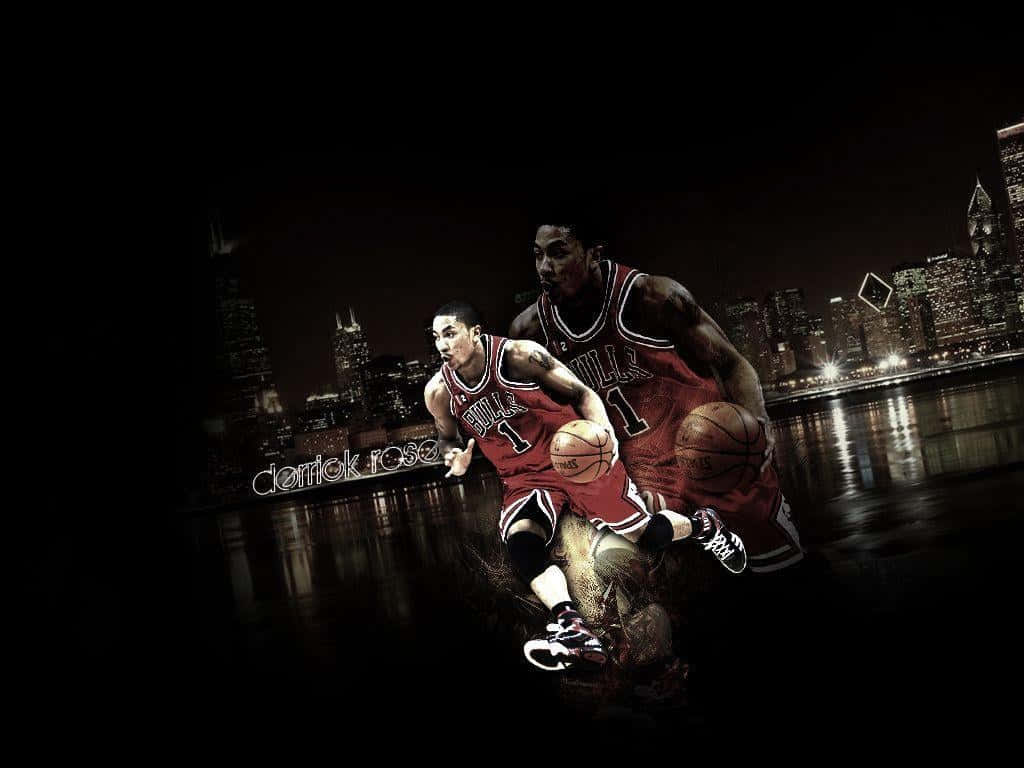 derrick rose 桌布 壁紙 — 兩名身穿紅色球衣的籃球運動員在夜間對著倒映在水中的黑暗城市天際線運球。