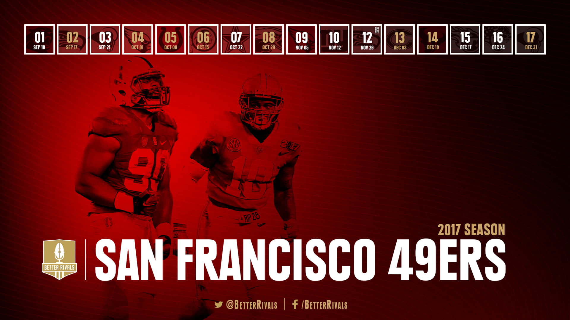 49ers 桌布 壁紙 — 兩名身穿紅色球衣的舊金山四九人美式足球員站在深紅色漸變背景前，上方有賽程框。