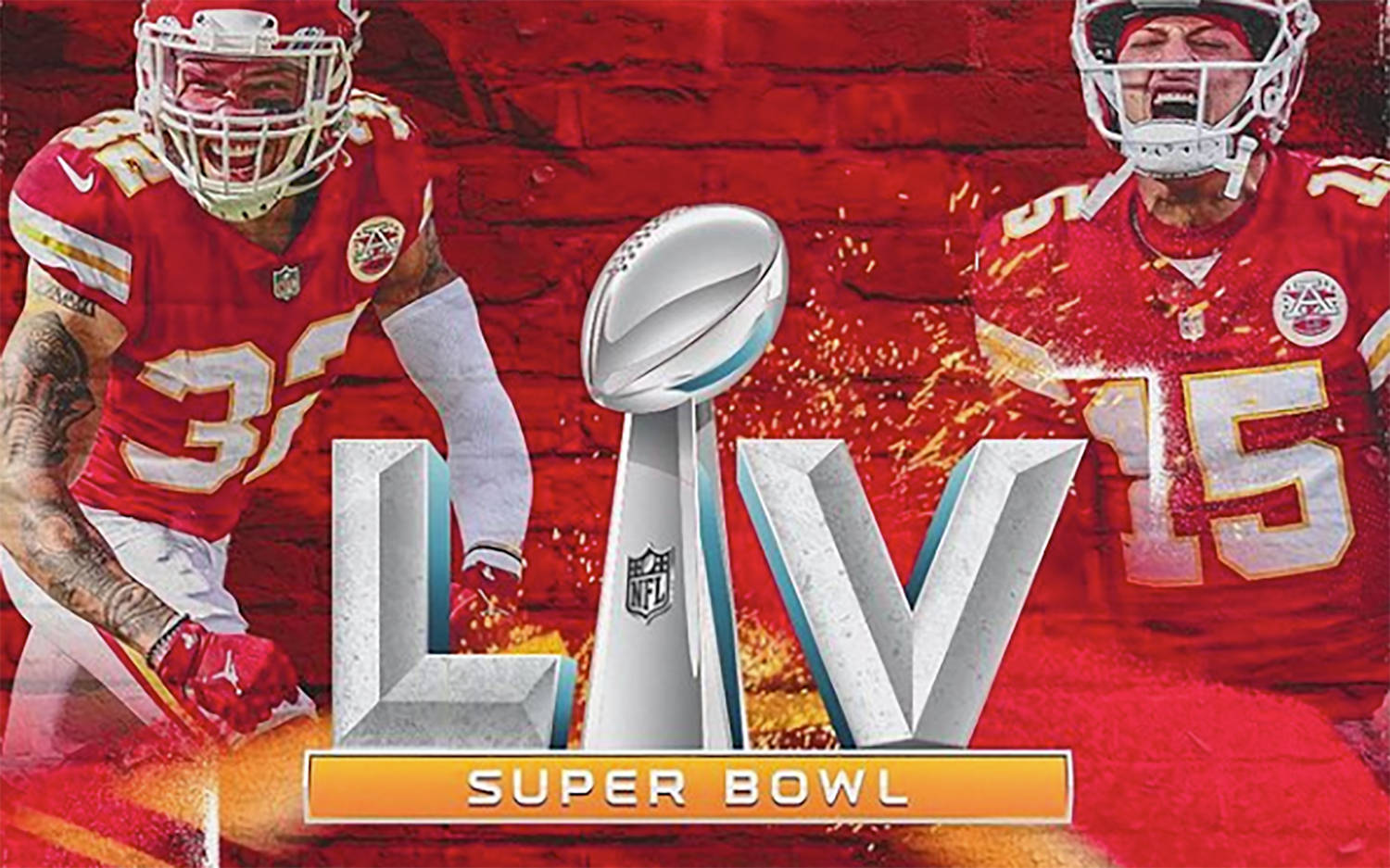 Kansas City Chiefs Cool 桌布 壁紙 — 兩名身穿紅色球衣的足球員在火焰磚牆背景下，分列超級碗LV獎盃兩側。