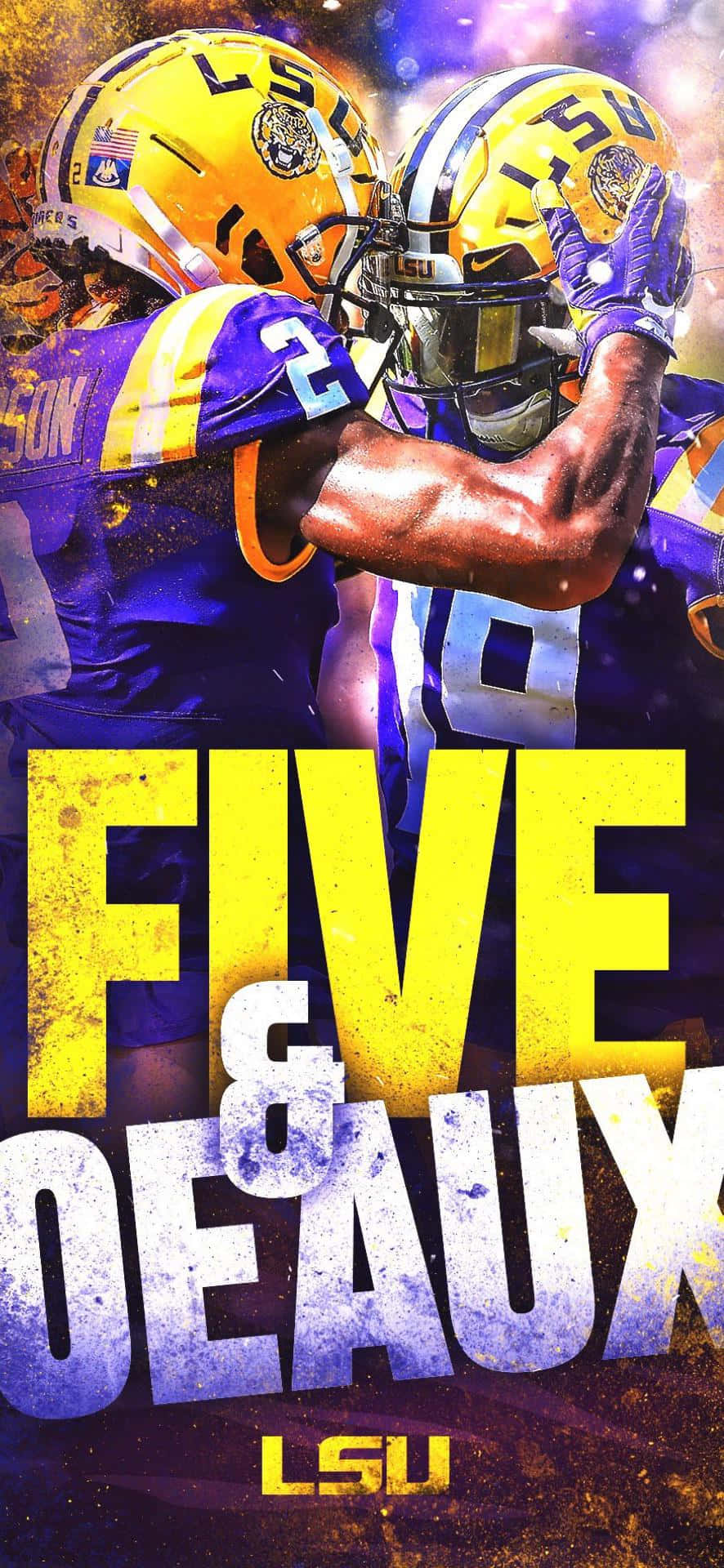 Lsu Tigers 桌布 壁紙 — 兩名身穿紫色和金色裝備的LSU足球員在熾熱的宇宙背景下勝利擁抱，並帶有粗體文字疊加。