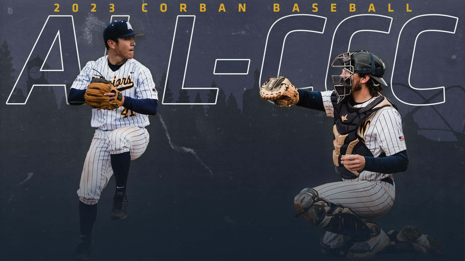 College Baseball 桌布 壁紙 — 兩名身穿細條紋球衣的棒球運動員在深色背景前動感擺姿勢，背景上有粗體文字寫著「2023 CORBAN BASEBALL A-L-CCC」。