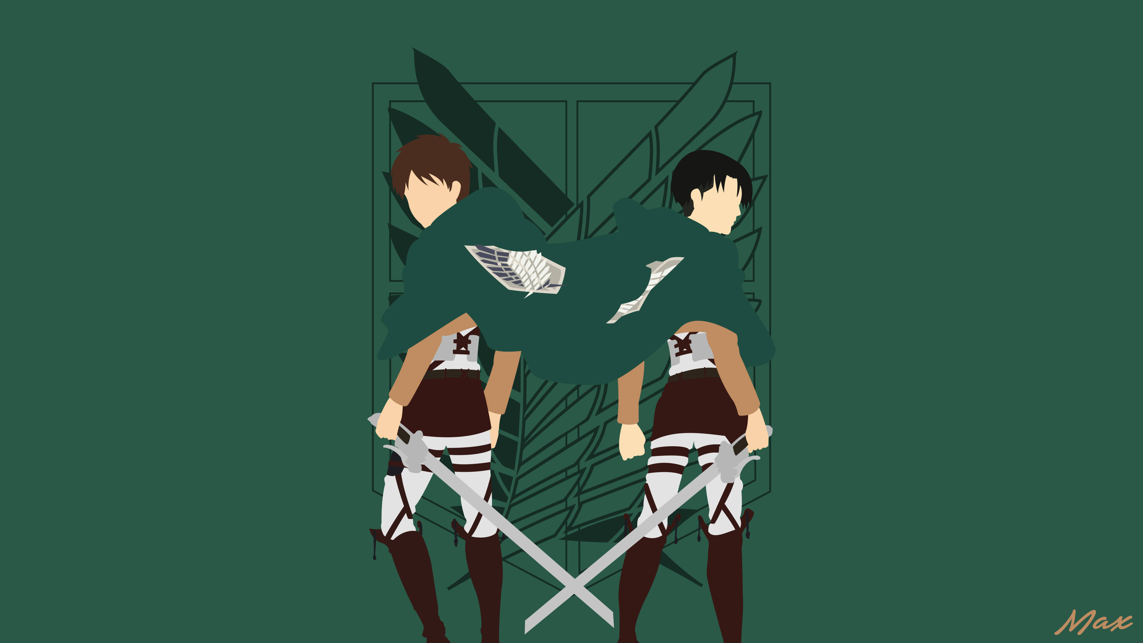 Levi 桌布 壁紙 — 兩名身穿綠色制服的動漫士兵背對背站在深綠色背景前，手持交叉的劍。