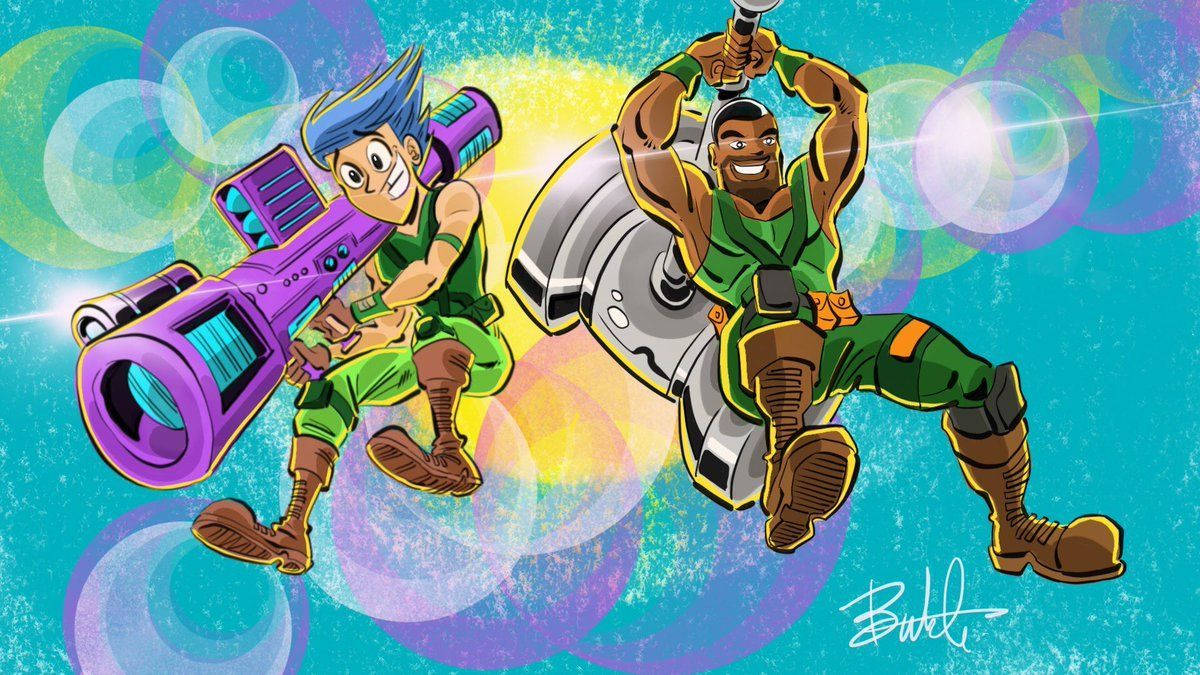 Fortnite 桌布 壁紙 — 兩名身穿綠色制服的動畫英雄在充滿氣泡的鮮豔背景前揮舞著超大型未來武器。