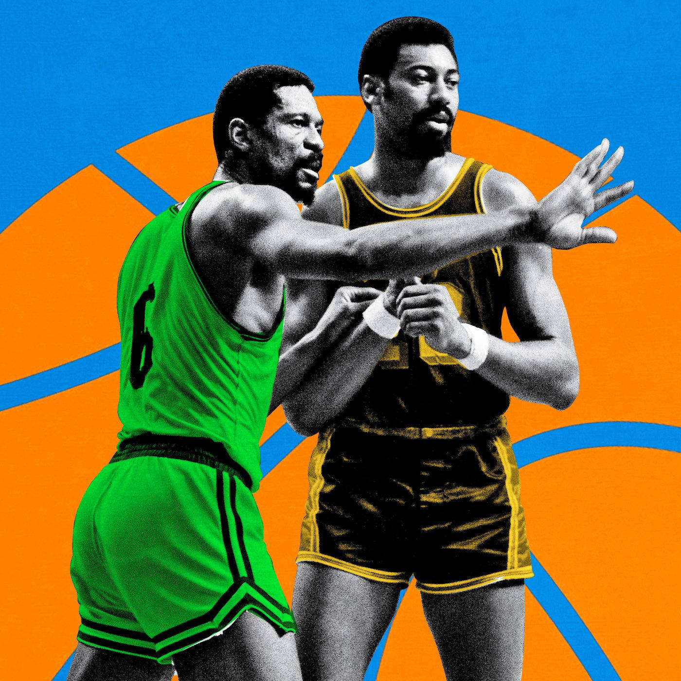 Boston Celtics 桌布 壁紙 — 兩名身穿綠色和金色球衣的復古籃球運動員在鮮明的橙色和藍色幾何背景上動態碰撞。