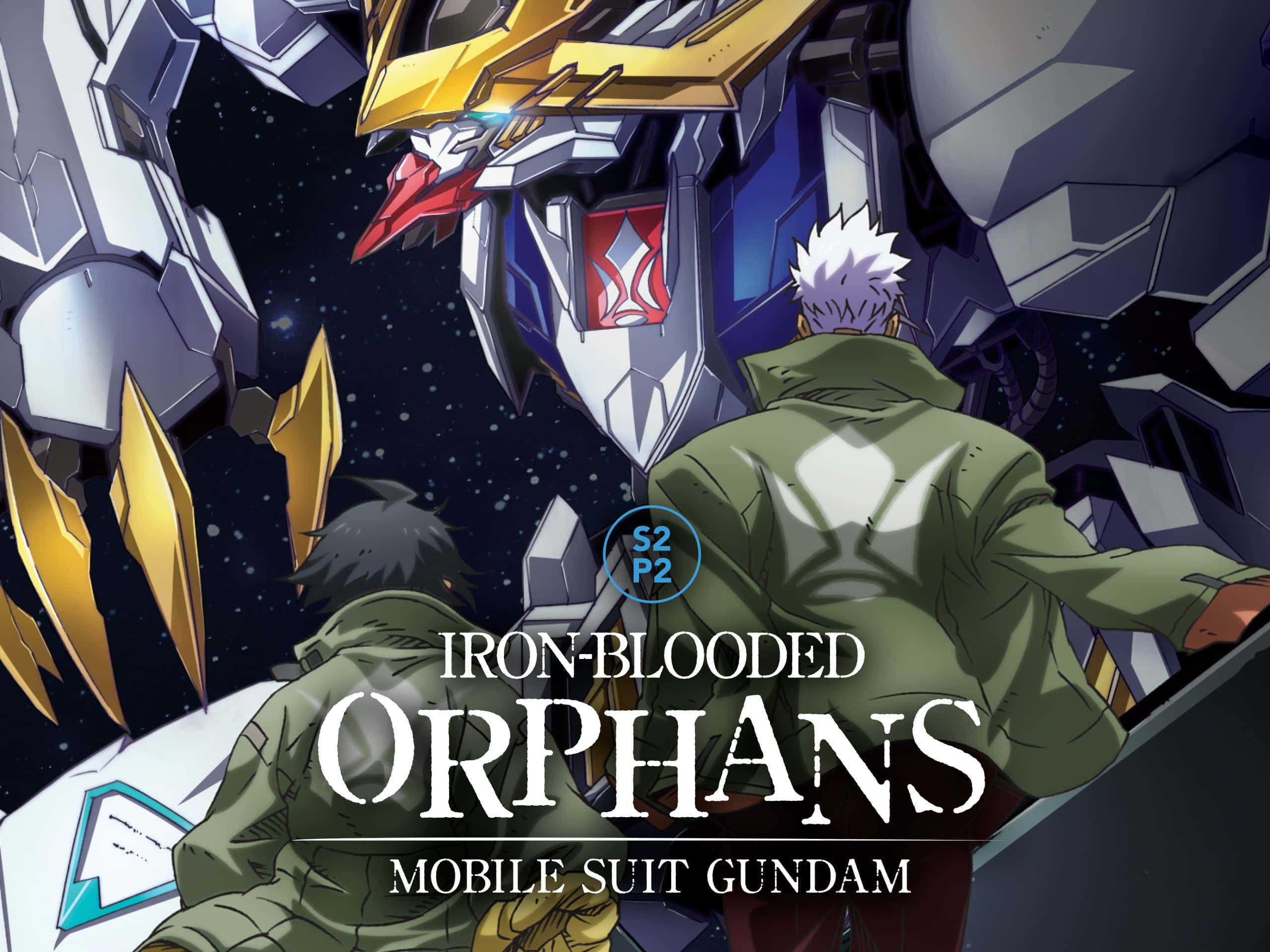 Mobile Suit Gundam Iron-blooded Orphans 桌布 壁紙 — 兩名身穿綠色外套的飛行員，在星空太空背景下，面對著高聳的金銀色機動戰士。