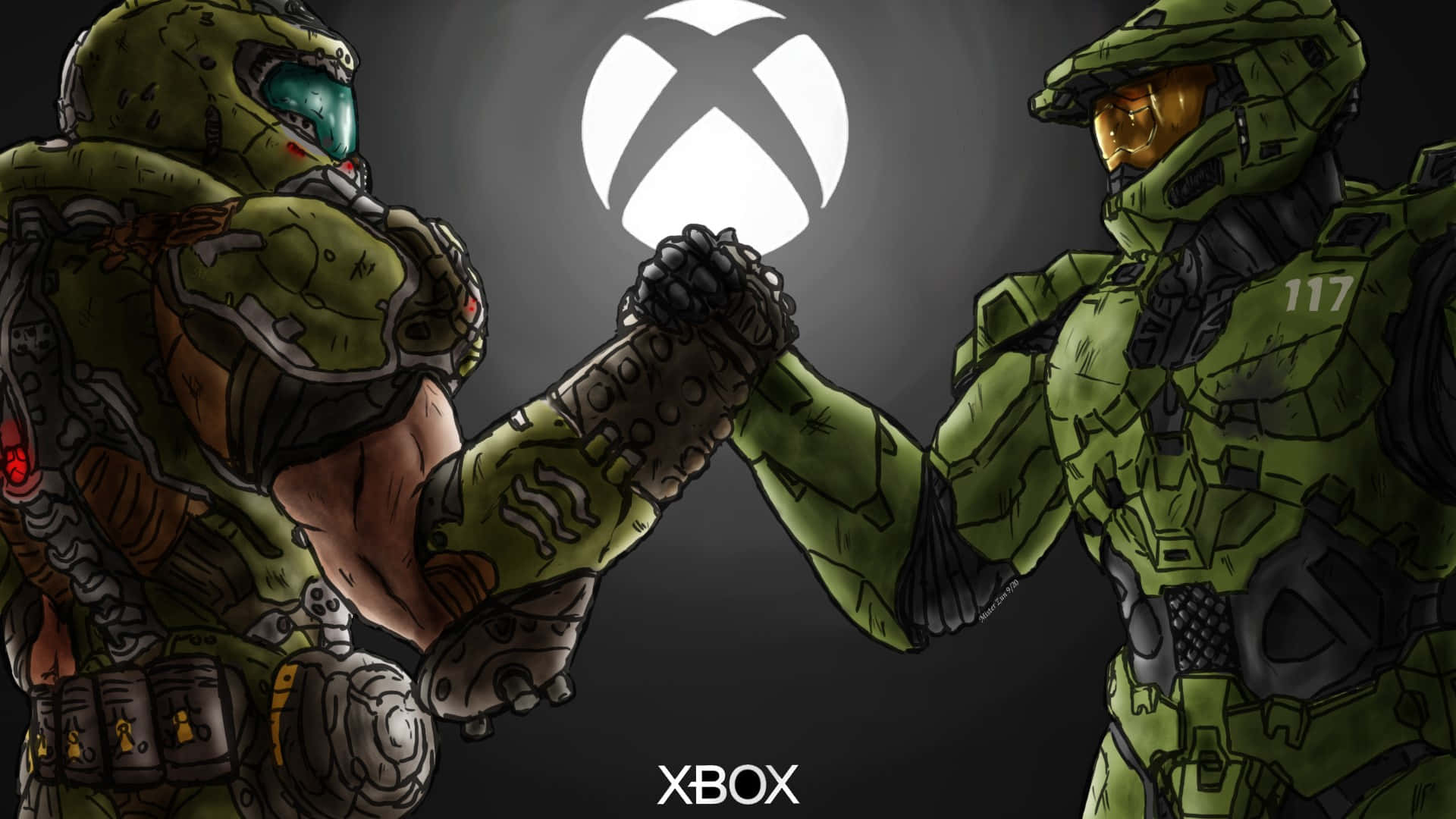 1920x1080 Doom 桌布 壁紙 — 兩名身穿綠色戰鬥裝備的裝甲士兵在發光的Xbox標誌下有力地碰拳。