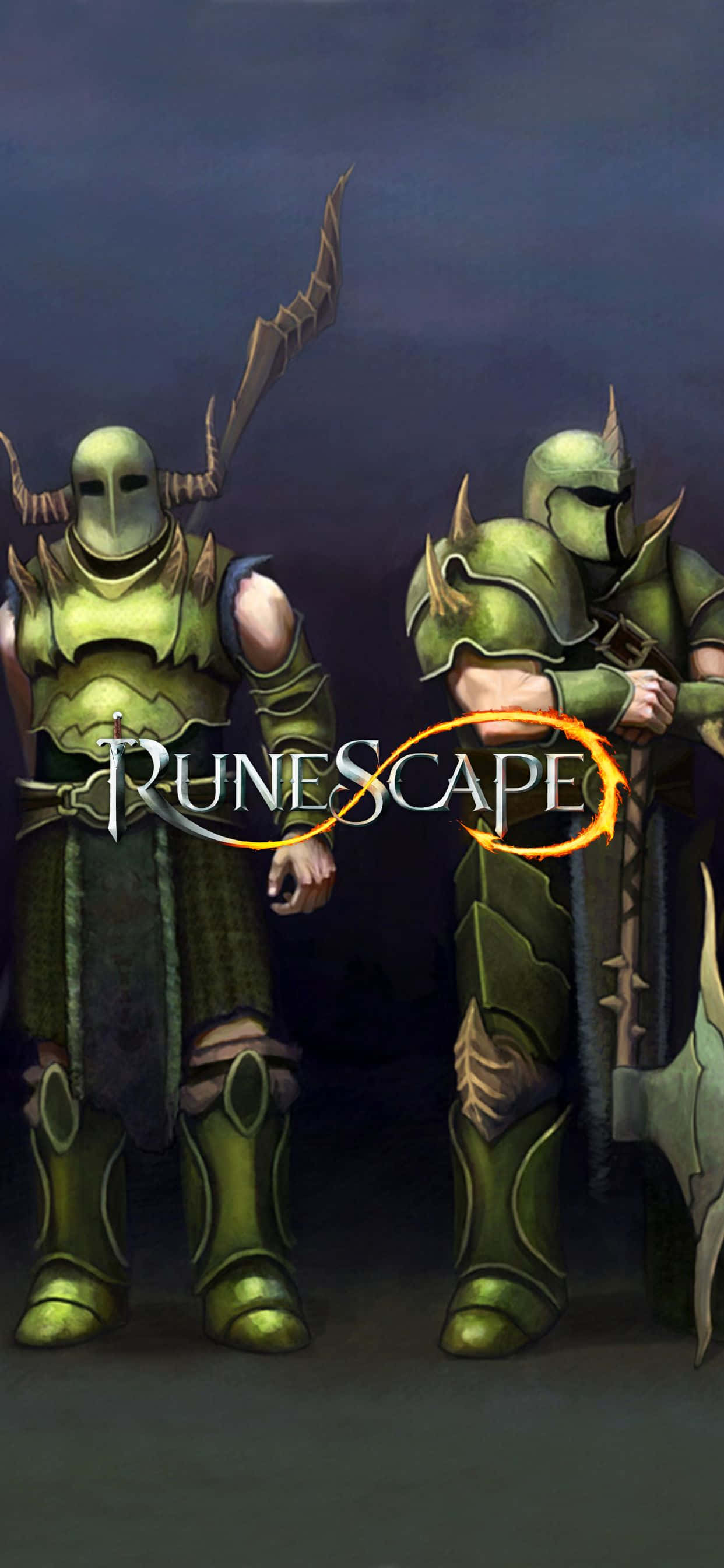 iPhone Xs Max Runescape 桌布 壁紙 — 兩名身穿綠色板甲的騎士在黑暗的天空下守衛，RuneScape 標誌在他們之間發光。