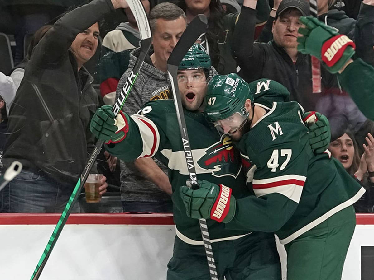 hockey 桌布 壁紙 — 兩名身穿綠色球衣的曲棍球運動員在玻璃後方歡呼的球迷面前慶祝進球。