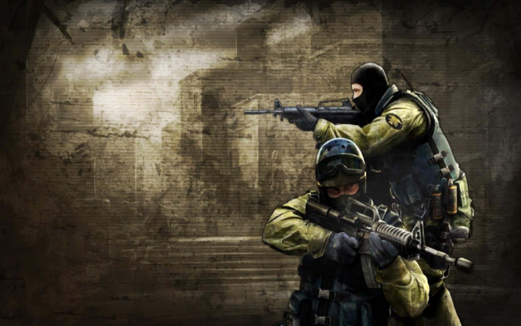 Counterstrike 桌布 壁紙 — 兩名身穿綠色裝備的戰術士兵在昏暗燈光下，將步槍瞄準粗糙紋理的牆壁。