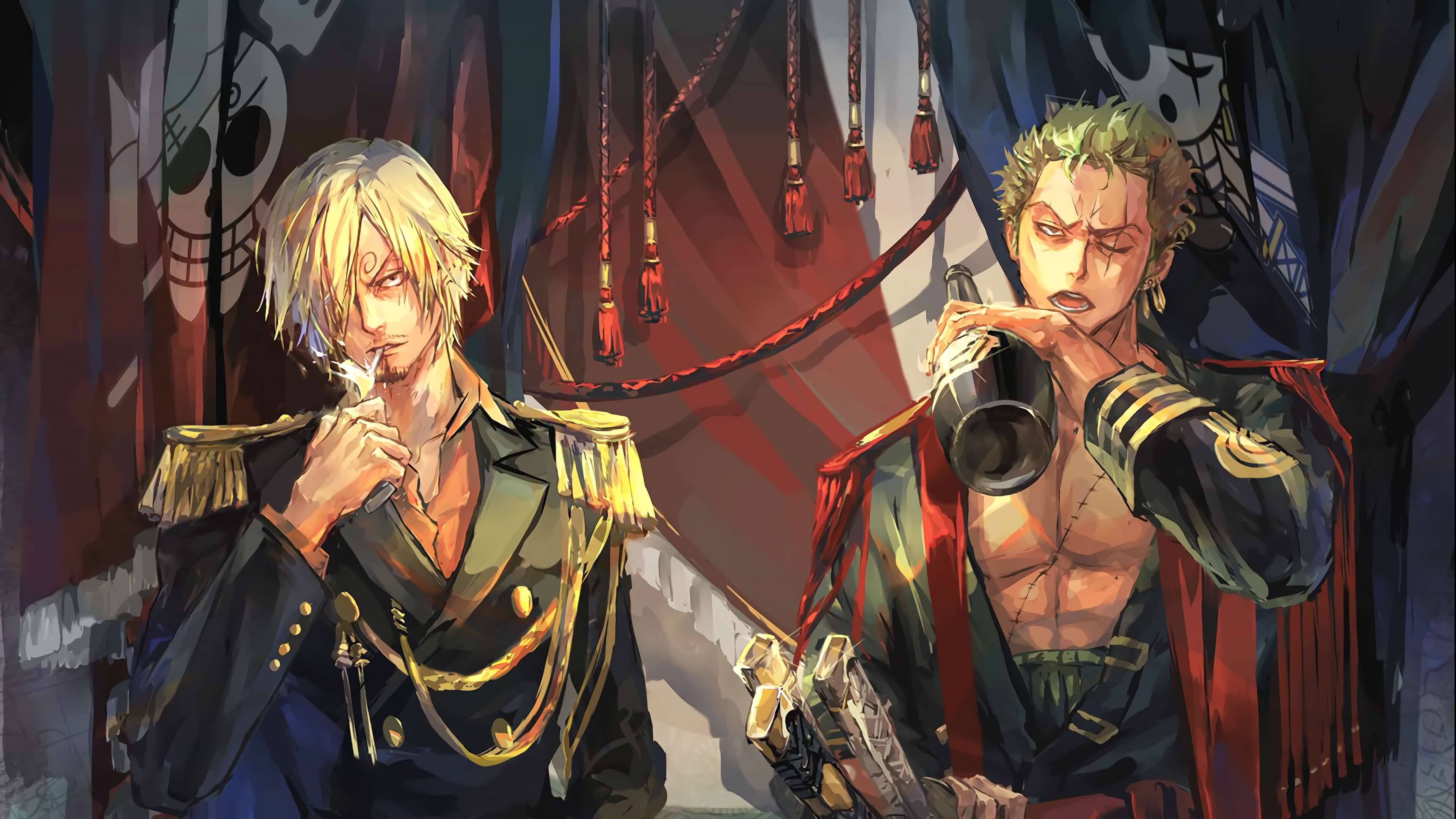 Sanji 桌布 壁紙 — 兩名身穿華麗制服的動畫海盜在昏暗的船艙中，在骷髏旗幟下用馬克杯飲酒。