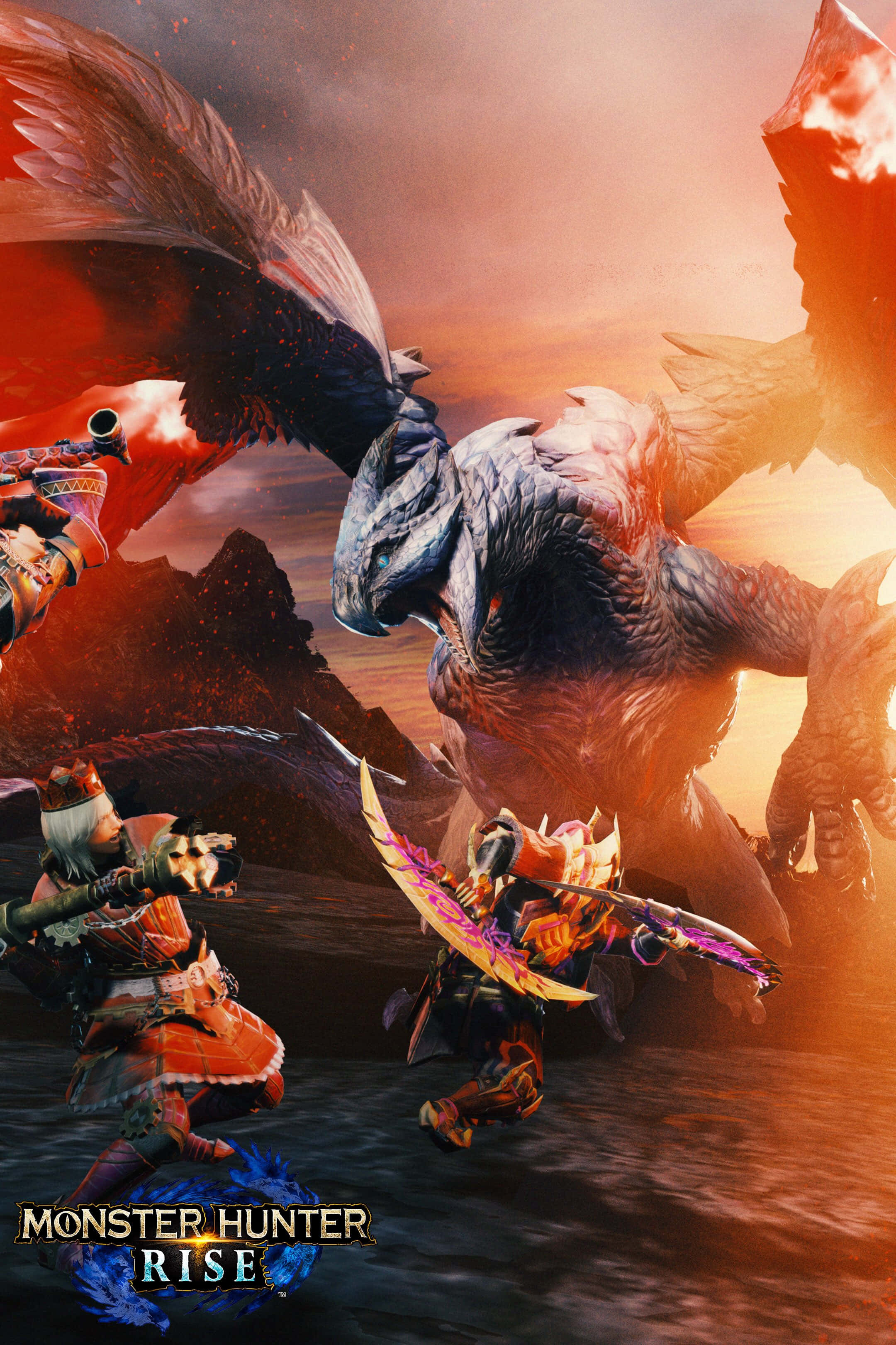 Monster Hunter 3 桌布 壁紙 — 兩名身穿華麗盔甲的獵人，在鋸齒狀懸崖上，以熾熱的夕陽為背景，與一隻巨大的有翼怪物戰鬥。