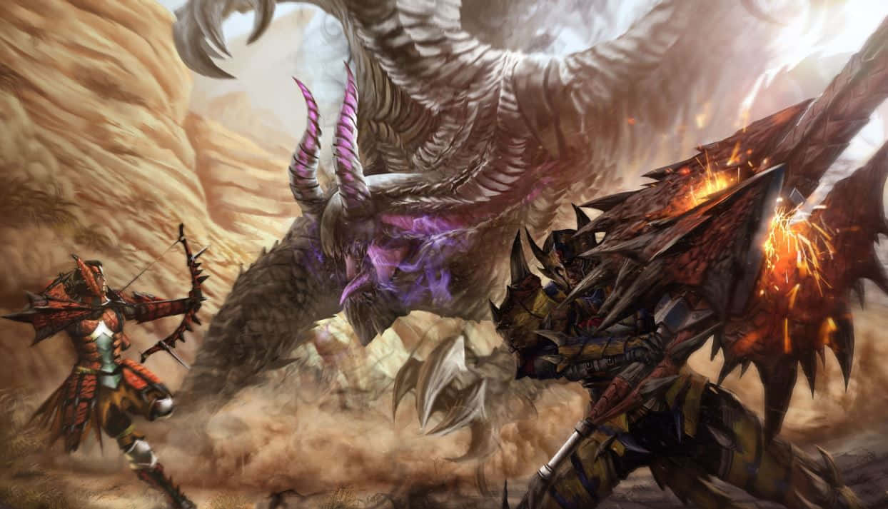 Monster Hunter Monsters 桌布 壁紙 — 兩名身穿華麗盔甲的獵人在塵土飛揚的峽谷中與一隻擁有發光紫色眼睛的巨大有翼怪物戰鬥。