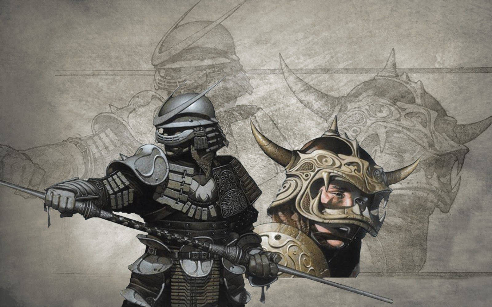 日本武士 桌布 壁紙 — 兩名身穿華麗頭盔的裝甲武士，在褪色的羊皮紙背景前持劍擺出架勢。
