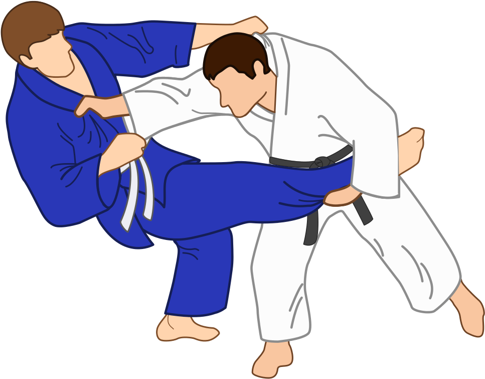 Judo 桌布 壁紙 — 兩名身穿藍白柔道服的柔道選手在黑色背景下激烈纏鬥。
