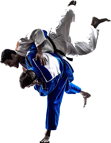 Judo 桌布 壁紙 — 兩名身穿藍白柔道服的武術家，在黑色背景下執行一個動態的柔道投技。
