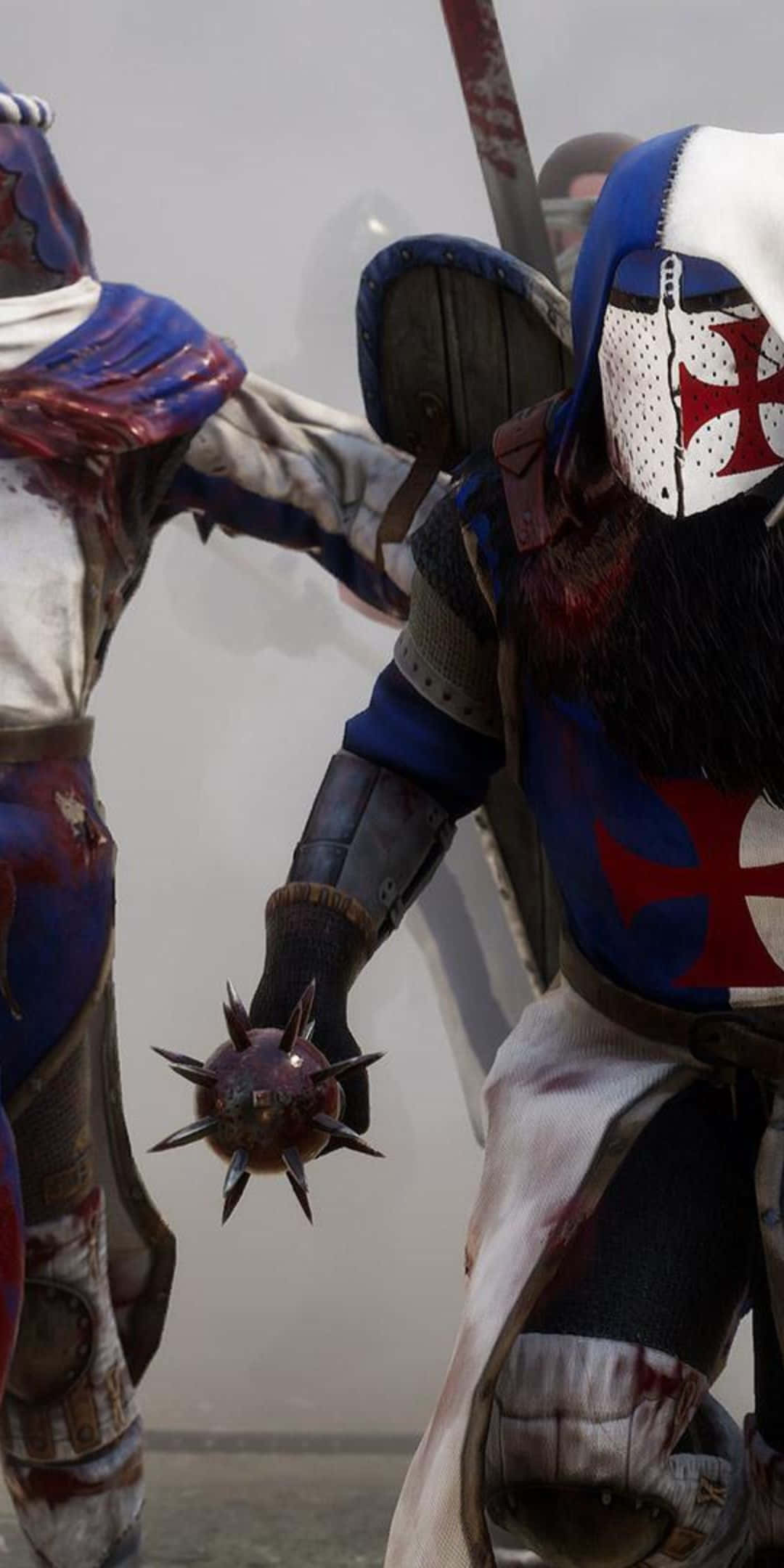 Pixel 3 Mordhau 桌布 壁紙 — 兩名身穿藍白盔甲、帶有紅色十字的裝甲戰士在 gritty 的中世紀戰鬥場景中交鋒。