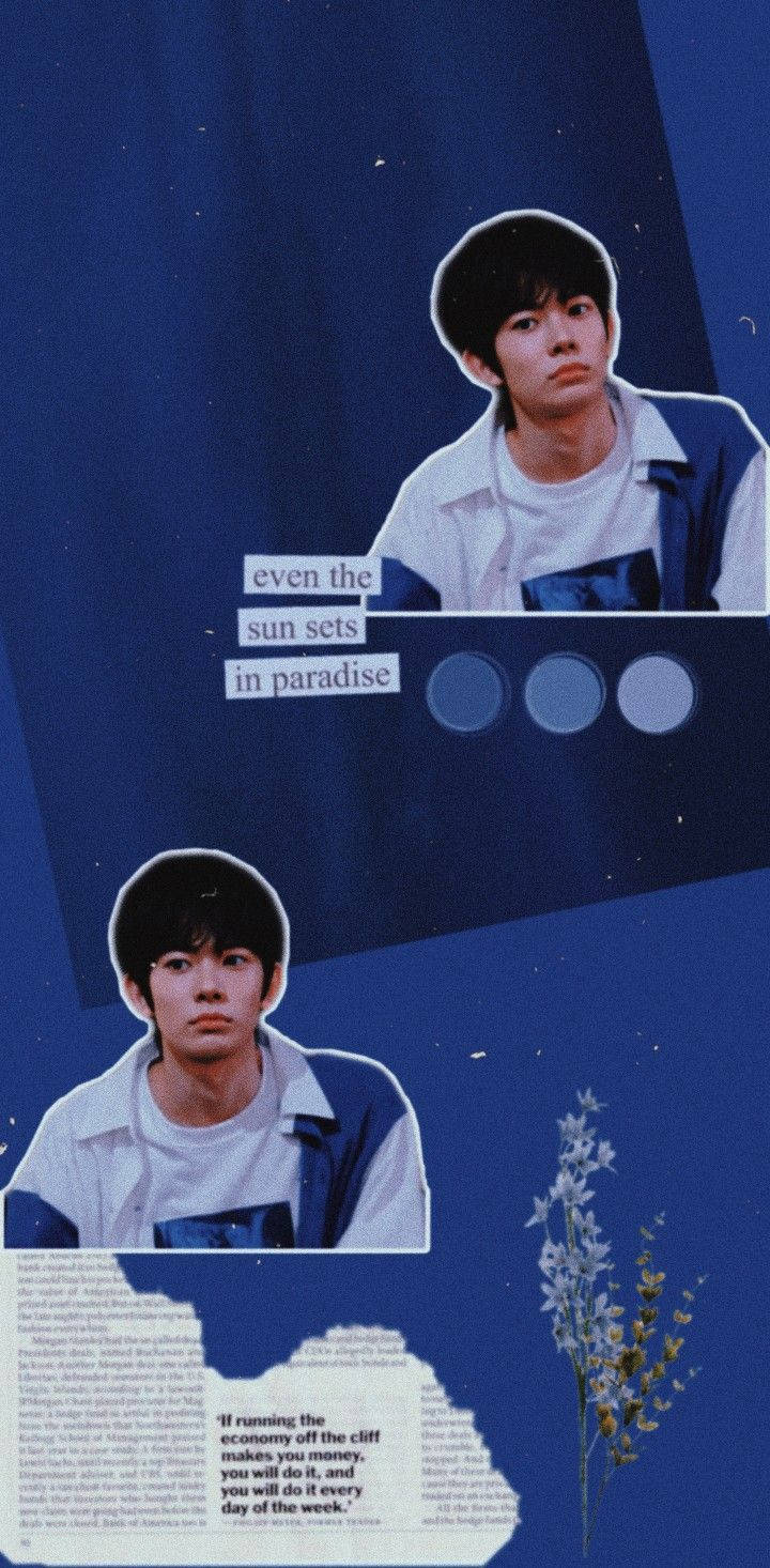 Kpop Aesthetic 桌布 壁紙 — 兩名身穿藍白襯衫的年輕男子拼貼畫，背景為深藍色，帶有文字和白色花枝。