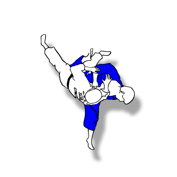 Judo 桌布 壁紙 — 兩名身穿藍白道服的武術家在黑色背景下進行動態纏鬥鎖定。