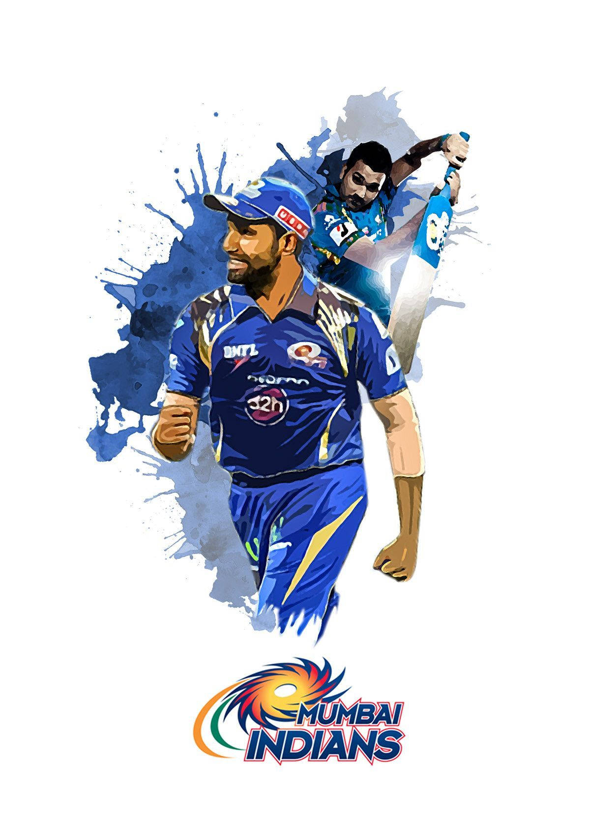 Mumbai Indians 桌布 壁紙 — 兩名身穿藍色Mumbai Indians球衣的板球運動員，在強烈的藍色油漆飛濺背景前擺出動態姿勢。