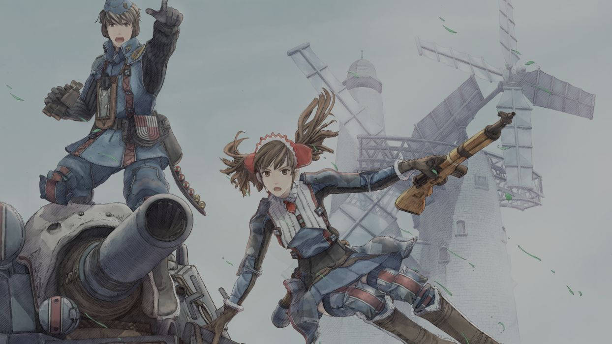 Valkyria Chronicles 桌布 壁紙 — 兩名身穿藍色制服的動漫風格士兵在坦克頂上戰鬥，背景是迷霧中的風車。