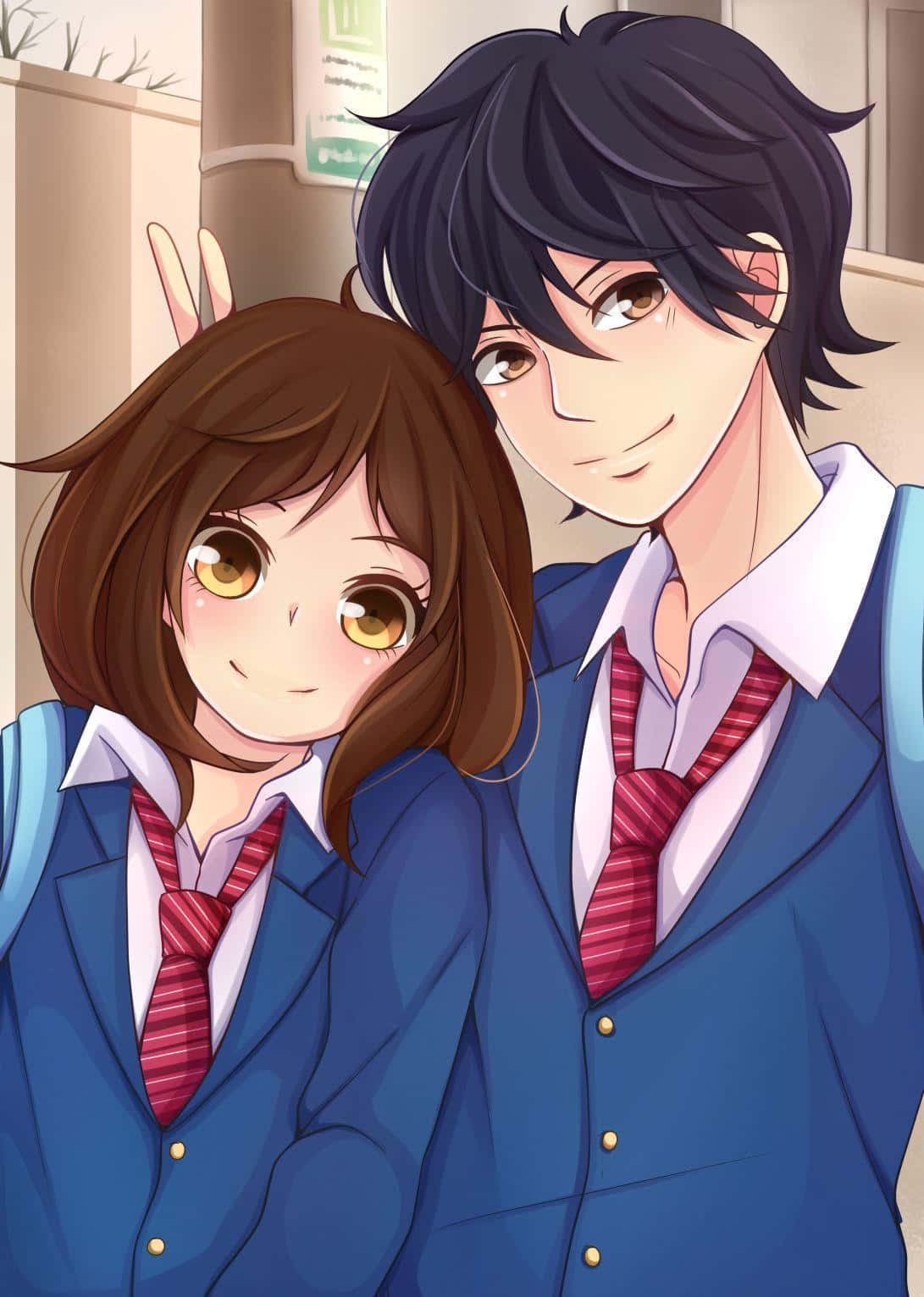 青春之旅 桌布 壁紙 — 兩名身穿藍色制服的動畫學生溫暖地對著鏡頭微笑，後面有兔子耳朵探出來。