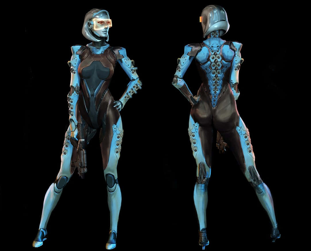 Mass Effect Edi 桌布 壁紙 — 兩名身穿藍色和棕色盔甲的未來派女性網路戰士在黑色虛空中背靠背站立。