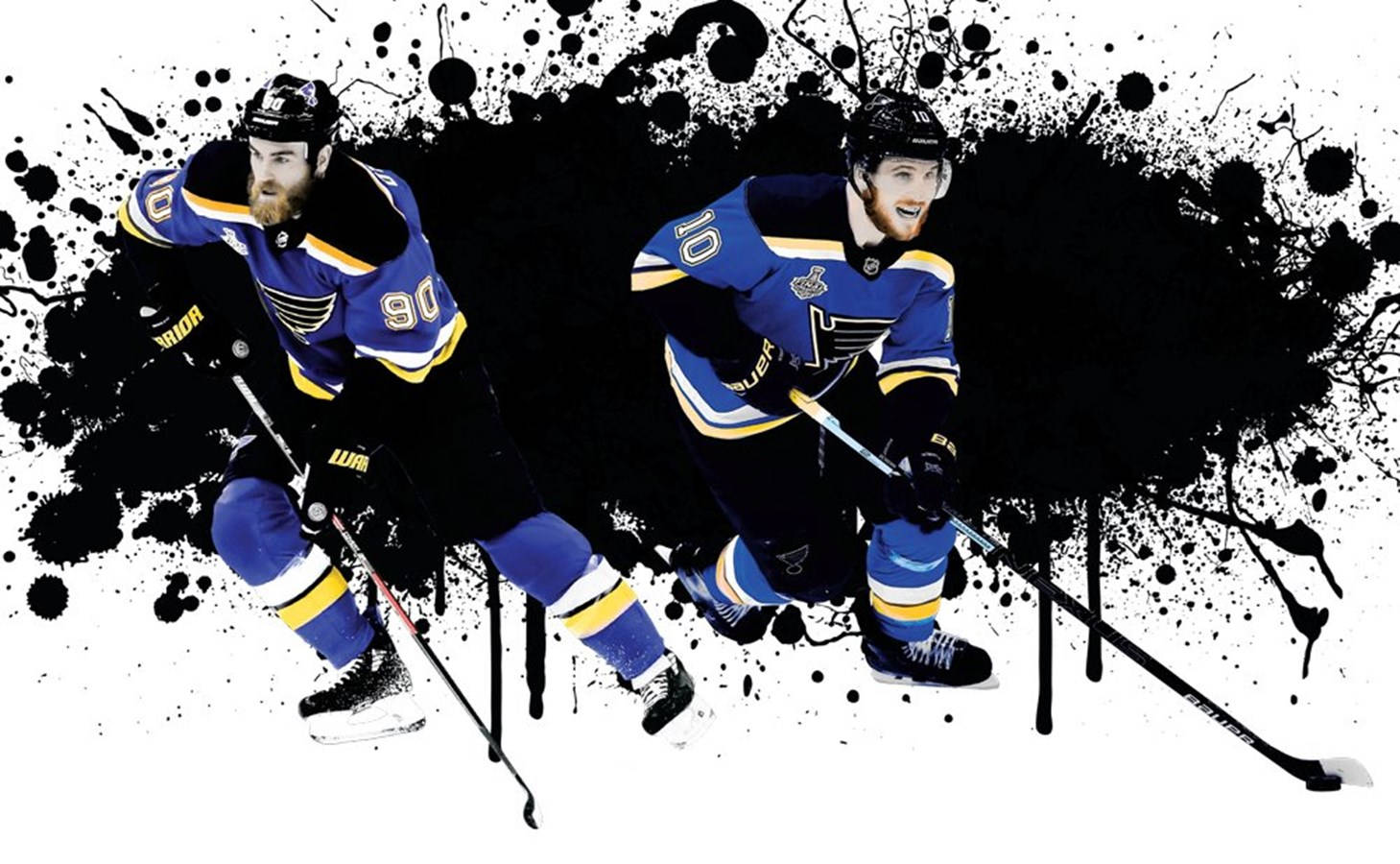 hockey 桌布 壁紙 — 兩名身穿藍色和金色球衣的曲棍球運動員在醒目的黑色潑濺背景前動態蹲伏。