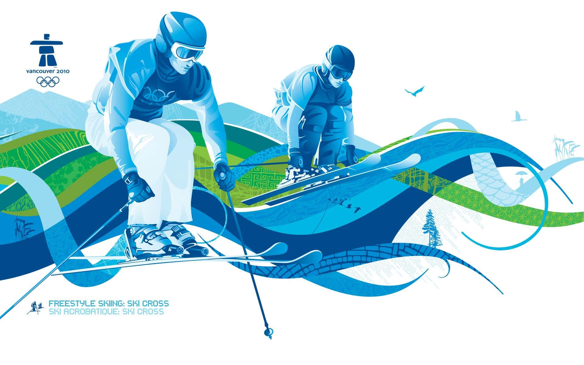 Winter Games 桌布 壁紙 — 兩名身穿藍色裝備的滑雪者沿著一條風格化的山坡飛馳而下，山坡上有流暢的抽象線條和綠色山丘。