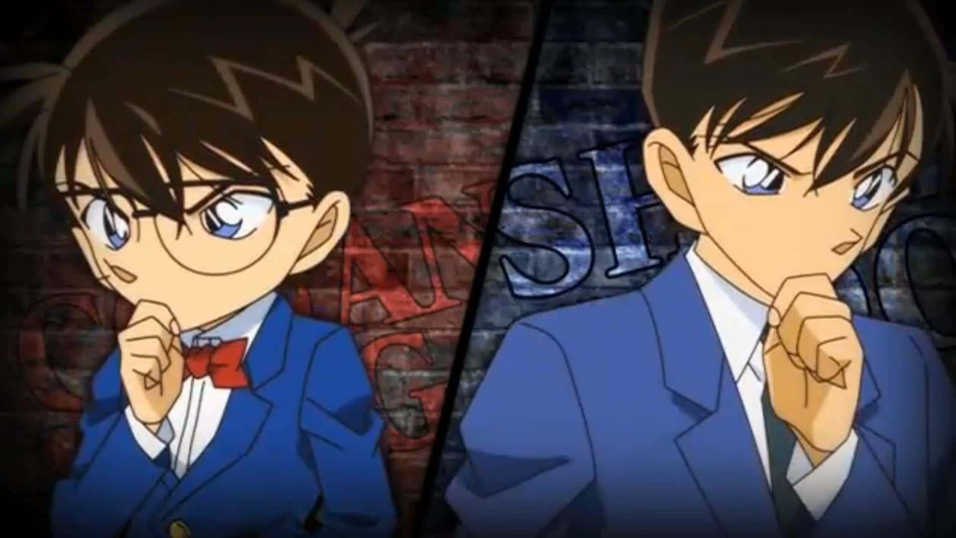 Detective Conan 桌布 壁紙 — 兩名身穿藍色西裝的動畫偵探，在帶有塗鴉的分隔磚牆背景下沉思擺姿勢。