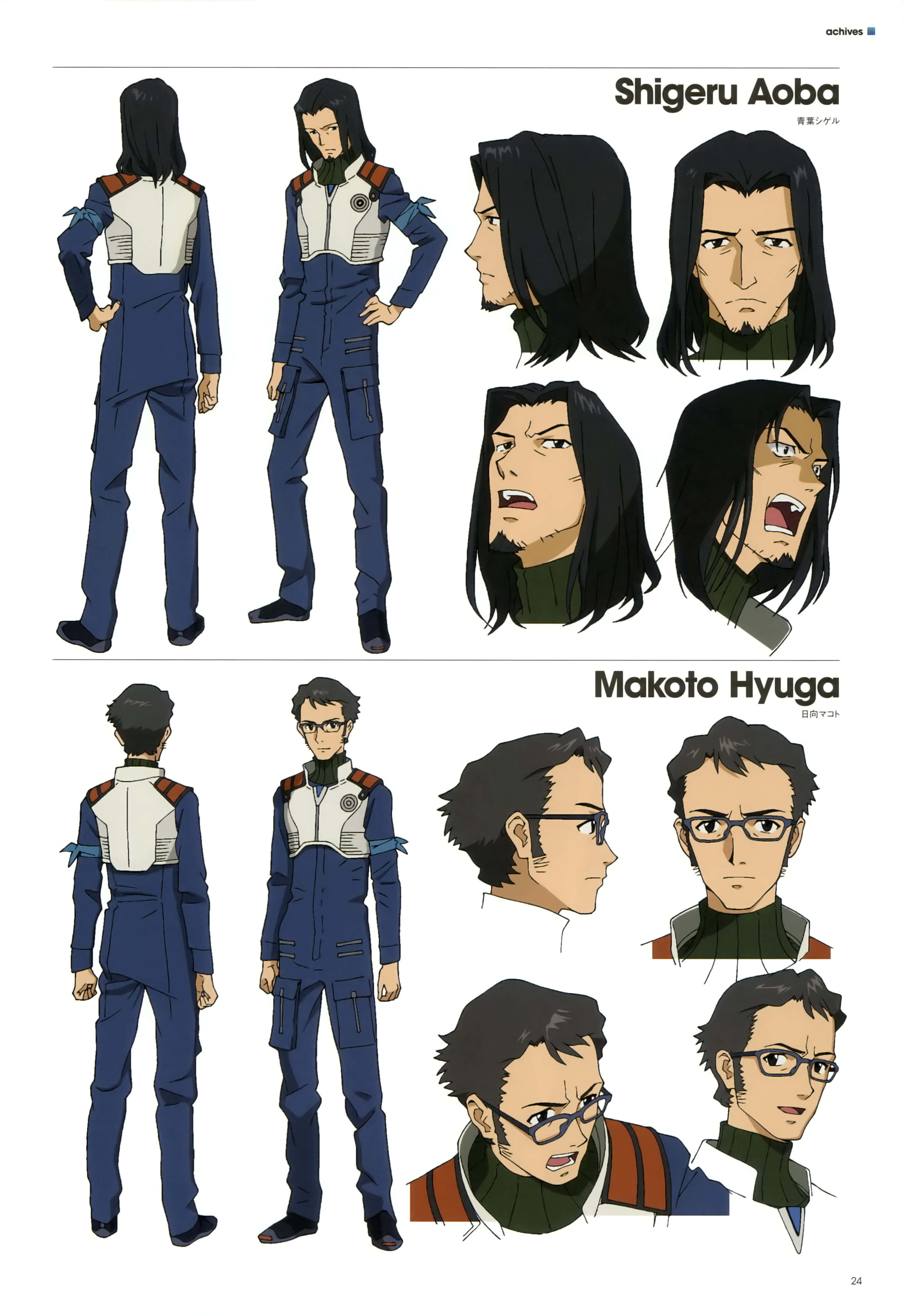 Makoto Hyuga 桌布 壁紙 — 兩名身穿藍色飛行服的動畫飛行員的角色設計圖，包含多種面部表情和姿勢。