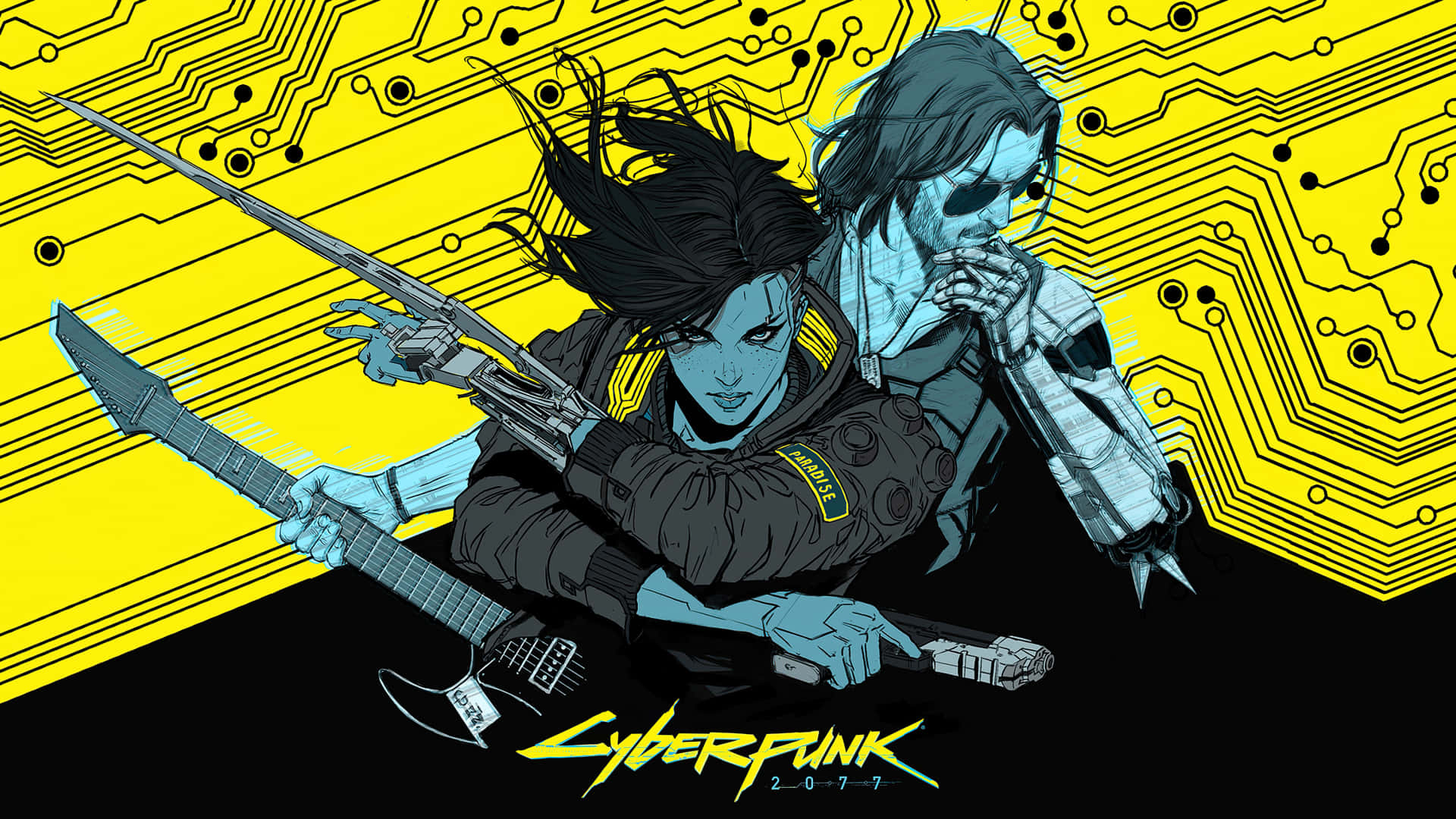 1080p Cyberpunk 2077 桌布 壁紙 — 兩名身穿藍黑色裝備的網路戰士，在充滿活力的黃色電路板背景下，手持武器蓄勢待發。