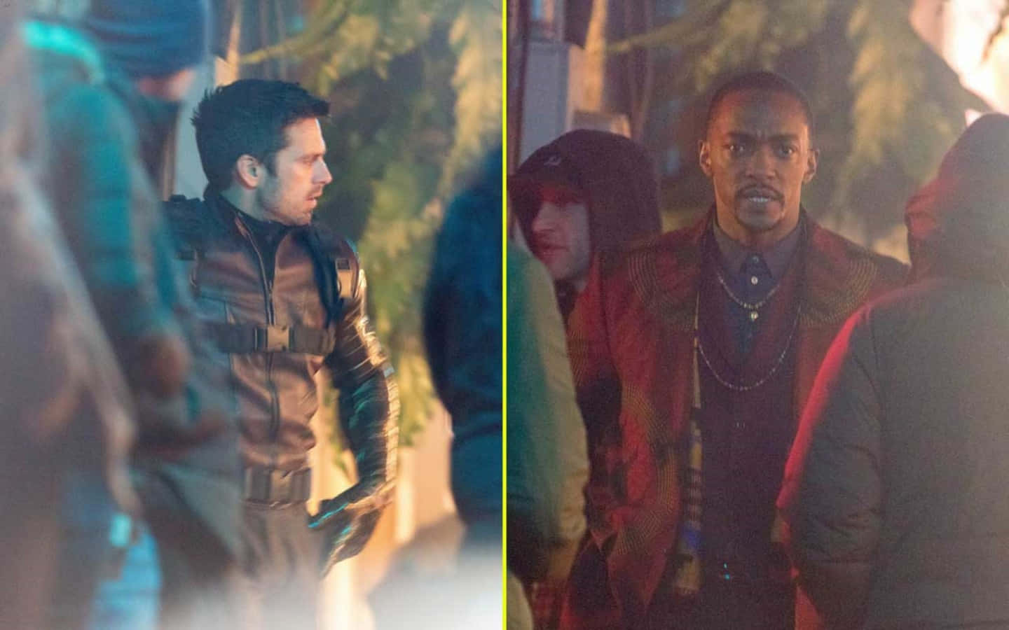 the falcon and the winter soldier 桌布 壁紙 — 兩名身穿街頭服飾的男子並肩站在昏暗的城市環境中，背景人物模糊。