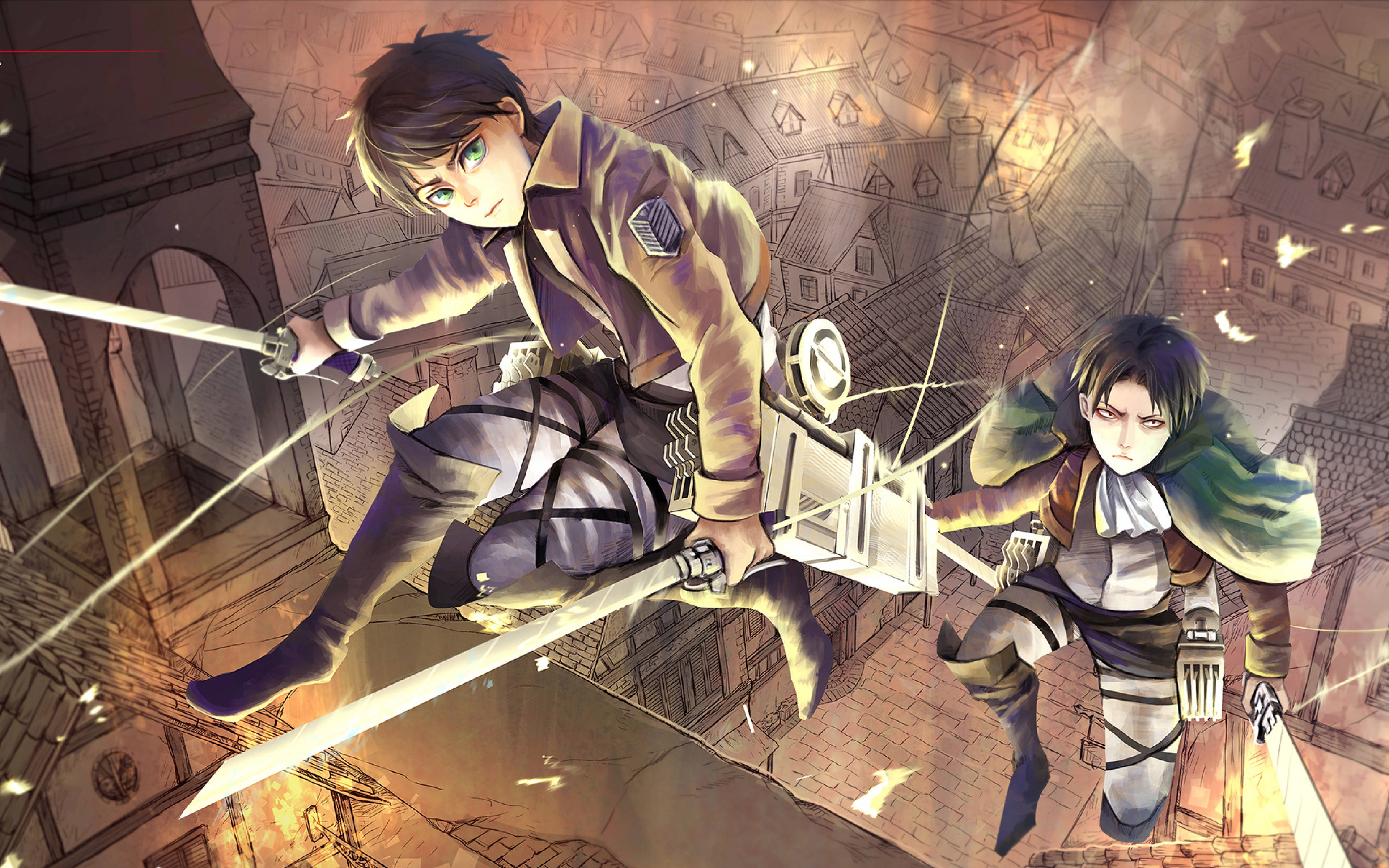 Levi 桌布 壁紙 — 兩名身穿裝備的動漫戰士在燃燒的碎片和墜落的碎片中拔劍穿過城市景觀。