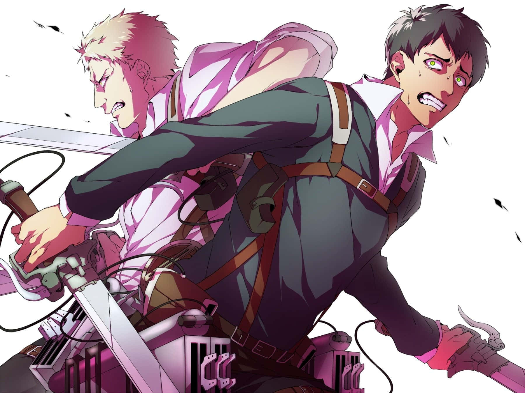 Attack On Titan Season 2 桌布 壁紙 — 兩名身穿裝備的動漫戰士拔劍衝向純白背景。