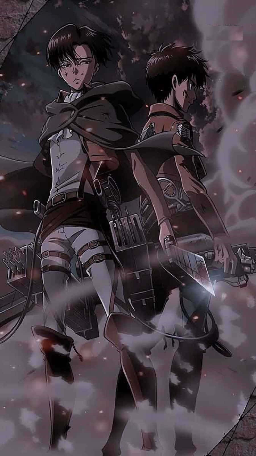 Manga Series 桌布 壁紙 — 兩名身穿裝備的動漫戰士站在煙霧和火花中，在黑暗的天空下，有發光的粒子。
