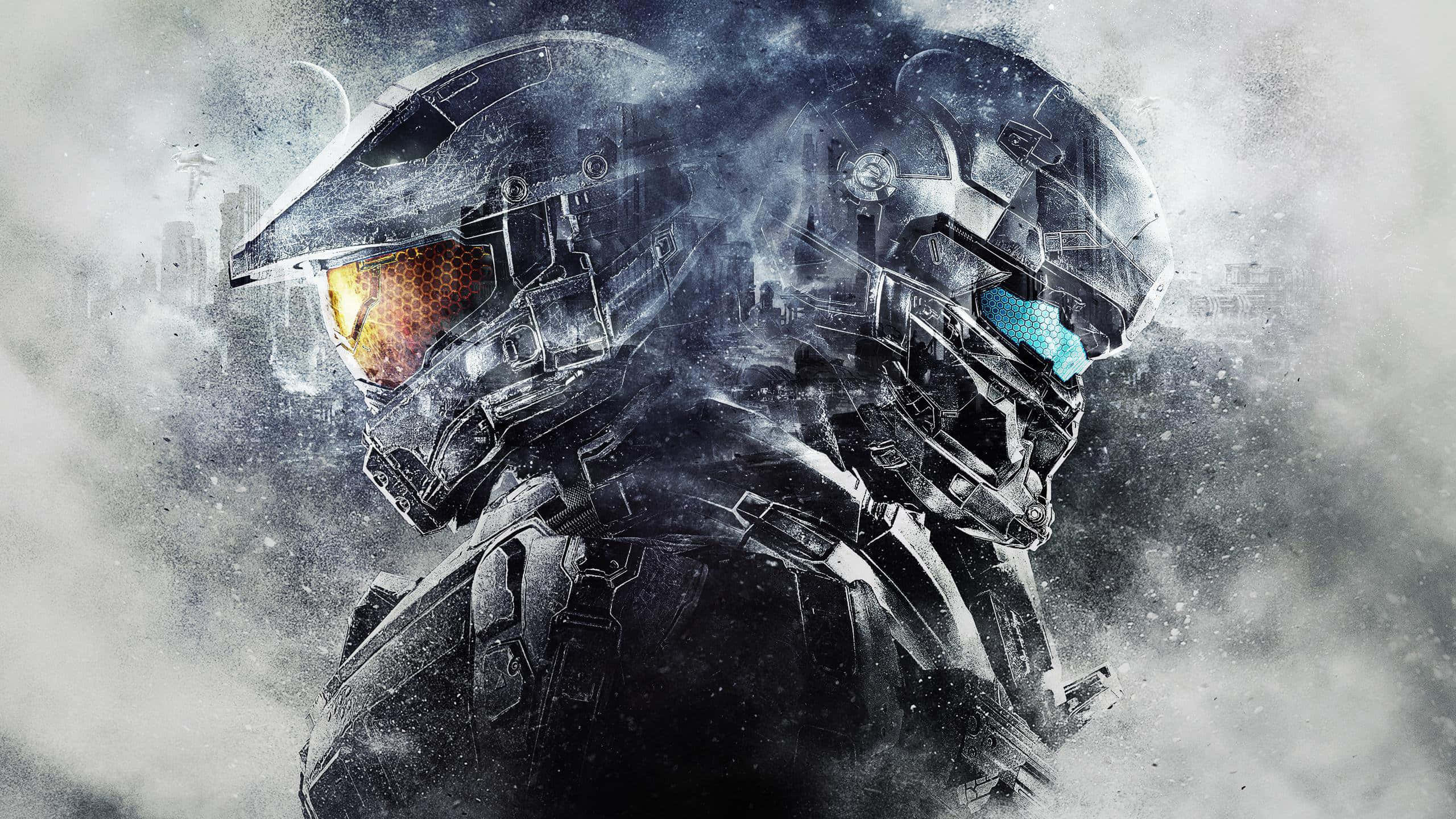 Halo Spartans 桌布 壁紙 — 兩名身穿裝甲、戴著未來風格頭盔的士兵站在煙霧瀰漫的戰場上，護目鏡發光，背景是霧氣中的城市景觀。