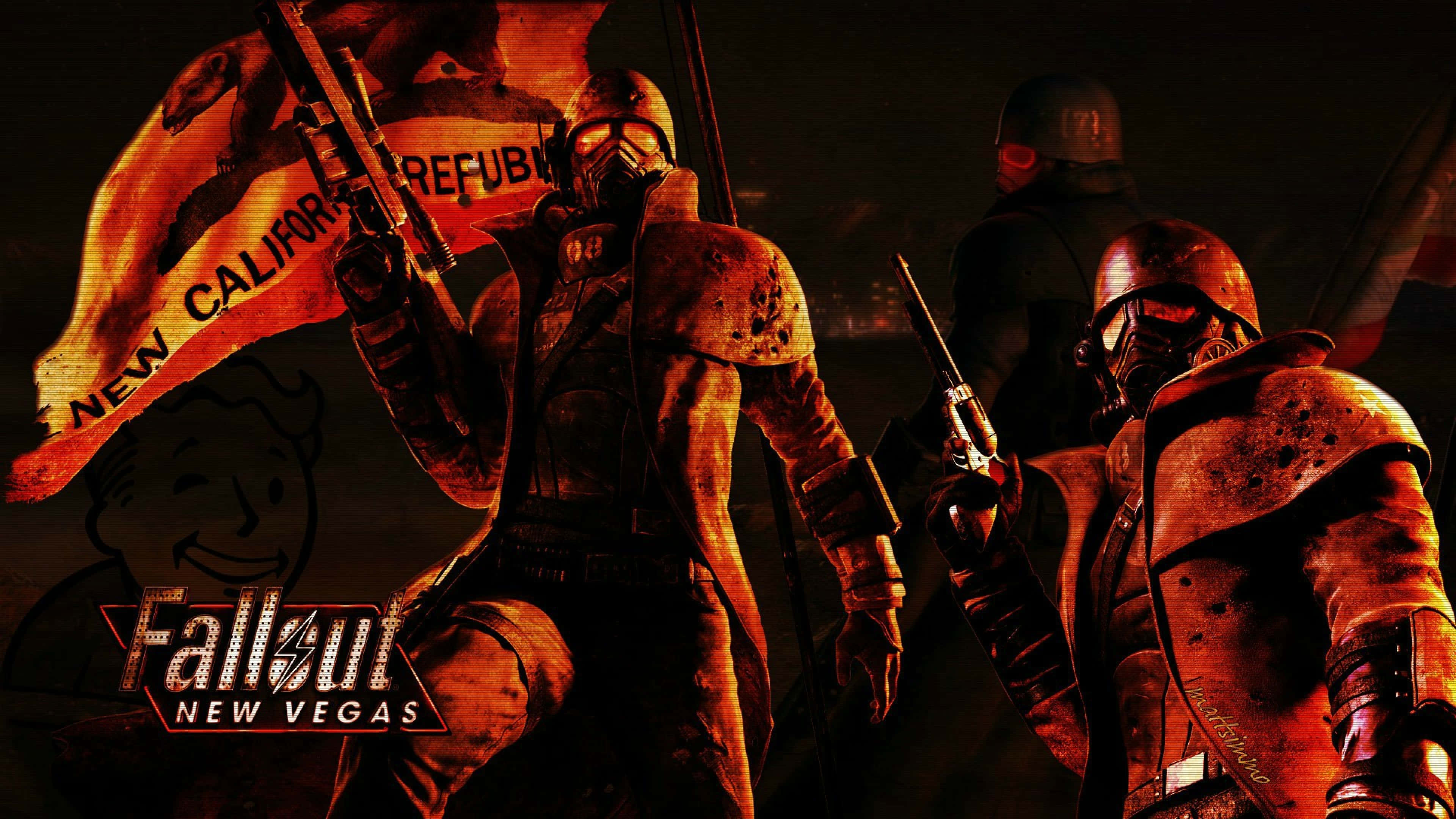 Fallout Nv 桌布 壁紙 — 兩名身穿裝甲、戴著防毒面具的掠奪者在熾熱的橙色燈光下手持武器和新加州共和國的旗幟。
