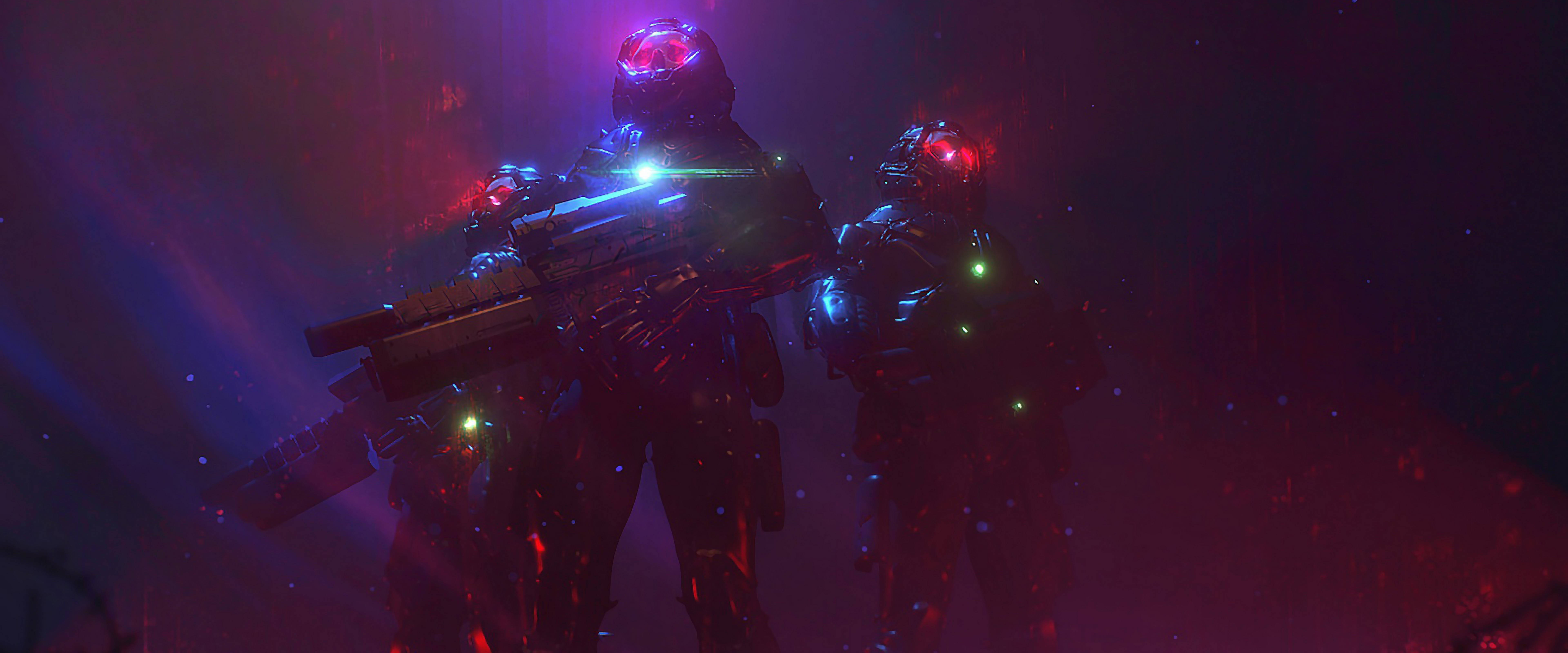 destiny 4K 桌布 壁紙 — 兩名身穿裝甲、頭戴發光紅色頭盔的士兵，站在一個由霓虹紫色和藍色燈光照亮的黑暗霧氣環境中。