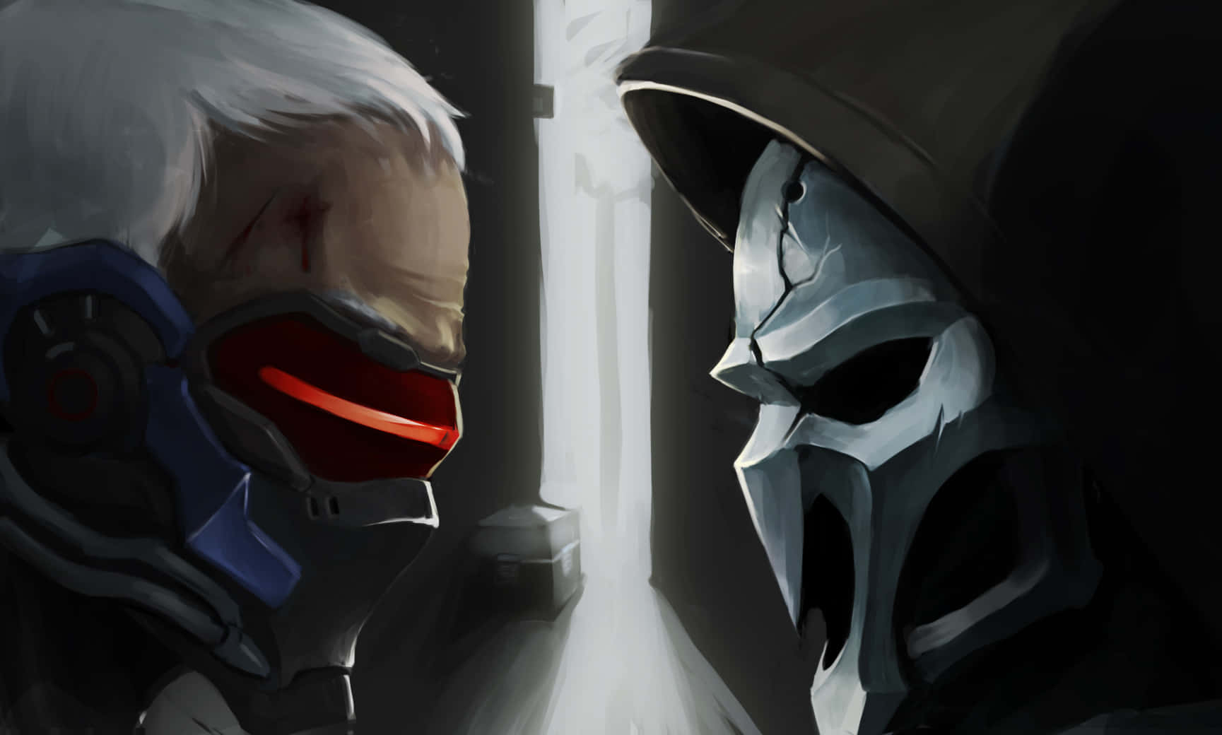 Soldier 76 桌布 壁紙 — 兩名身穿裝甲的人物在光線昏暗的走廊中對峙，一人戴著紅色發光面罩，另一人戴著破裂的銀色面具。