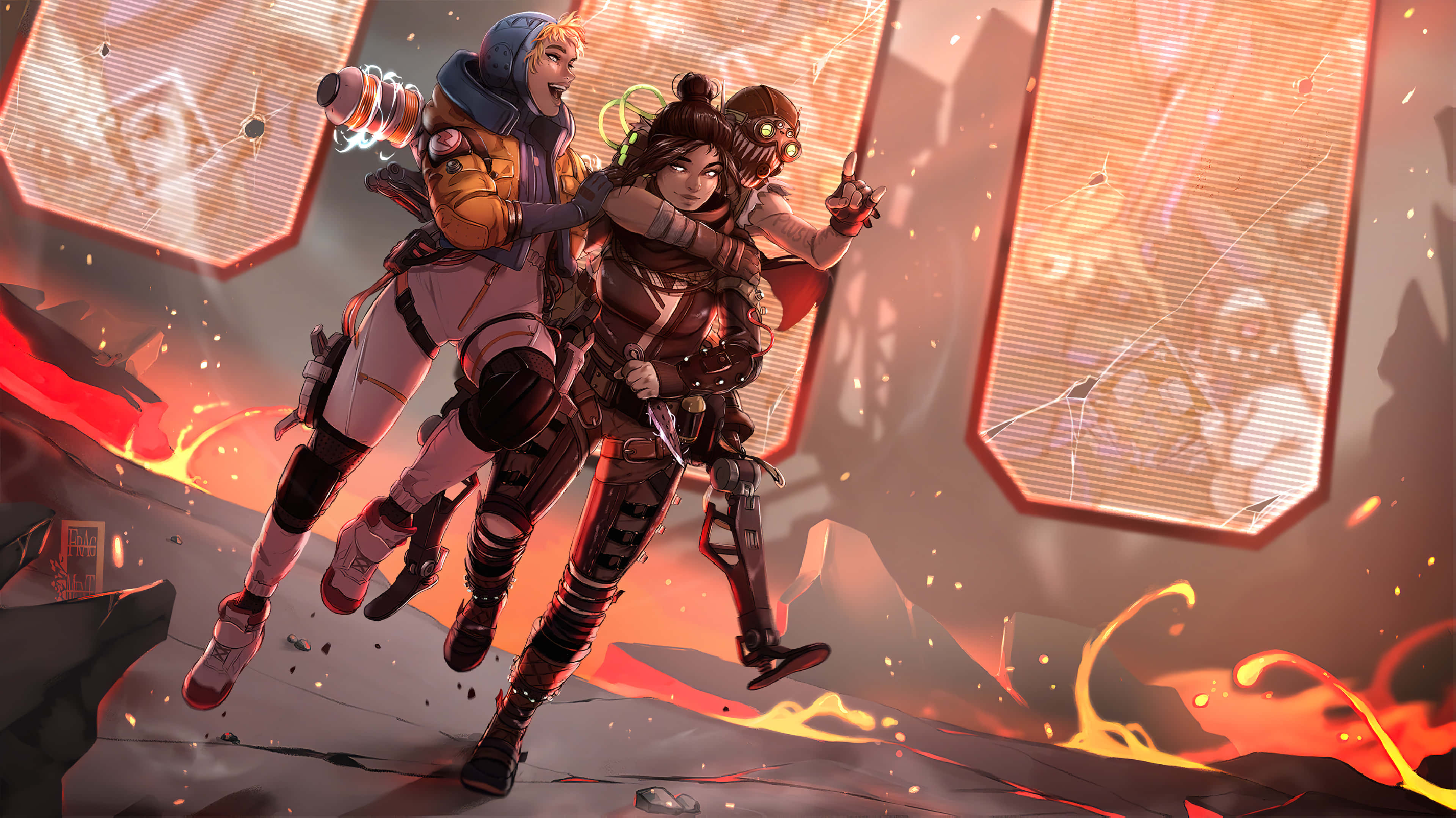 Apex Legends Characters 桌布 壁紙 — 兩名身穿裝甲的冒險者跳過一個燃燒的廢墟，周圍有發光的螢幕和飛揚的碎片。