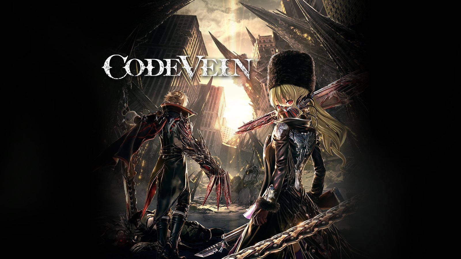 Code 桌布 壁紙 — 兩名身穿裝甲的吸血鬼獵人站在廢墟城市景觀中，在發光的太陽下，拔劍對抗怪物般的敵人。
