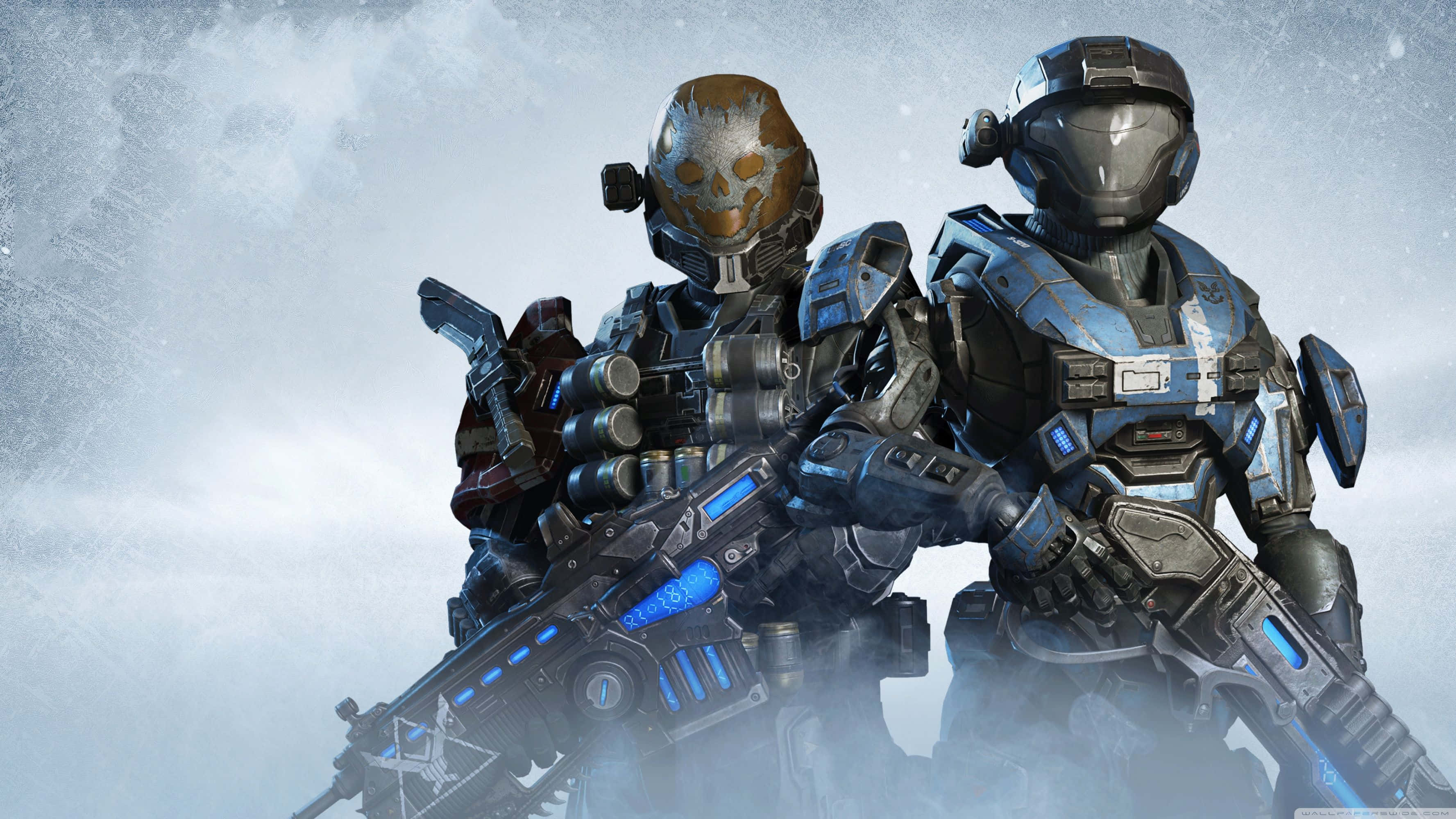 Halo Emile 桌布 壁紙 — 兩名身穿裝甲的士兵手持未來武器，站在多雲天空下的雪地戰場上。