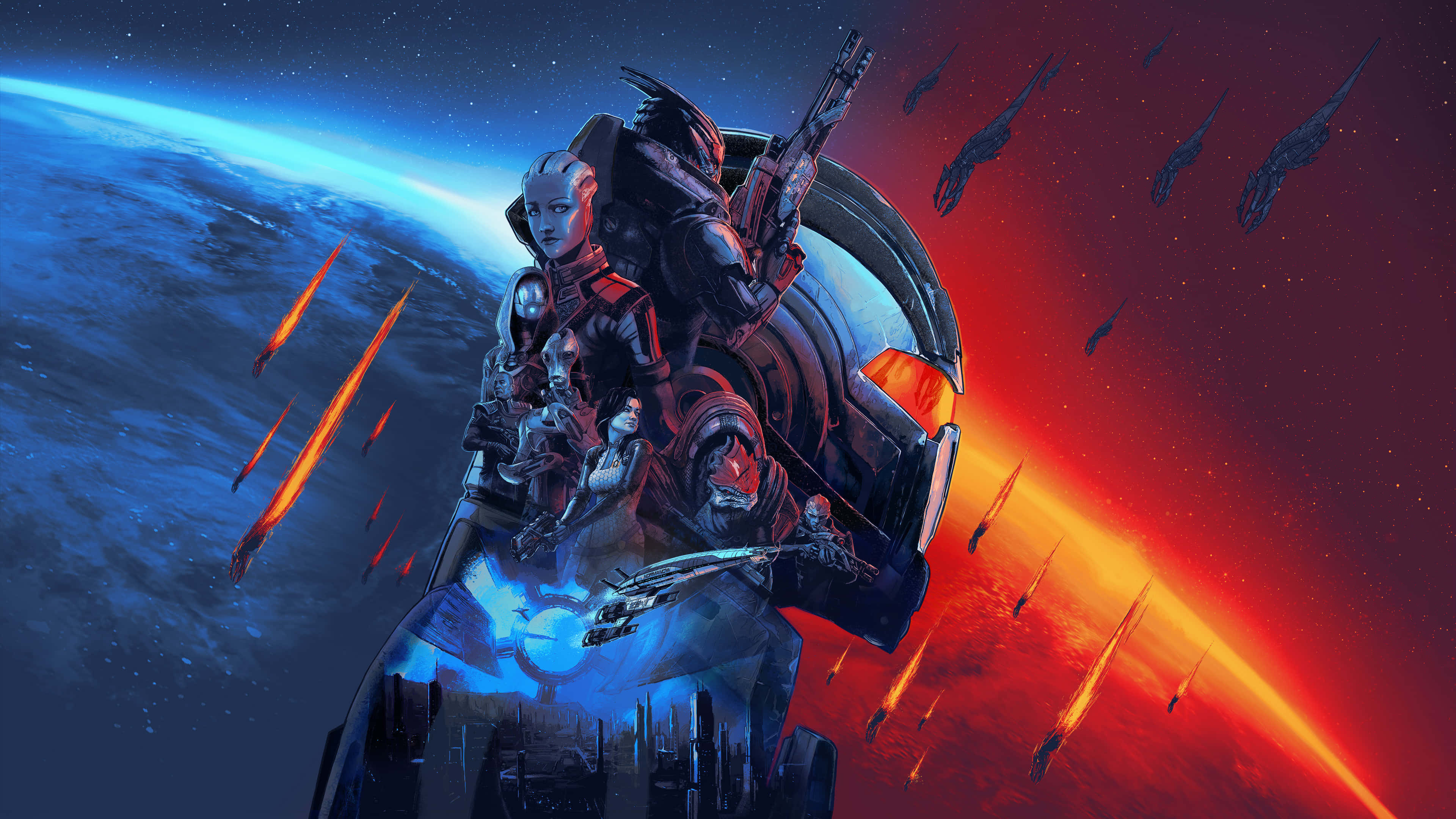 Mass Effect Legendary Edition 桌布 壁紙 — 兩名身穿裝甲的太空戰士駕駛未來風格的飛船，穿越宇宙戰場，熾熱的流星劃過一顆藍色和紅色的行星。
